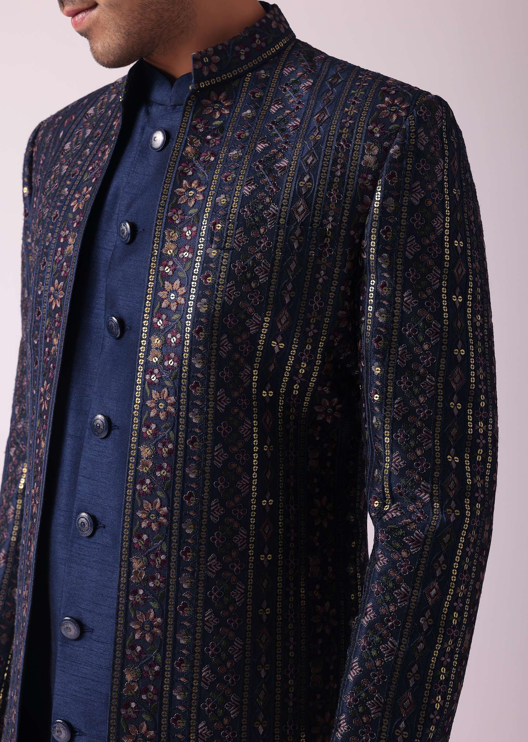 Navy Blue Indowestern Set In Dupion - Image 3