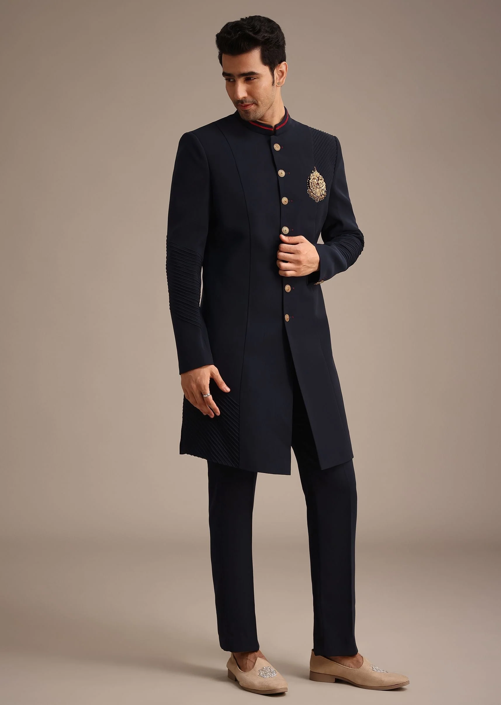 Navy Blue Indowestern Set With Animal Motif Brooch - Image 2