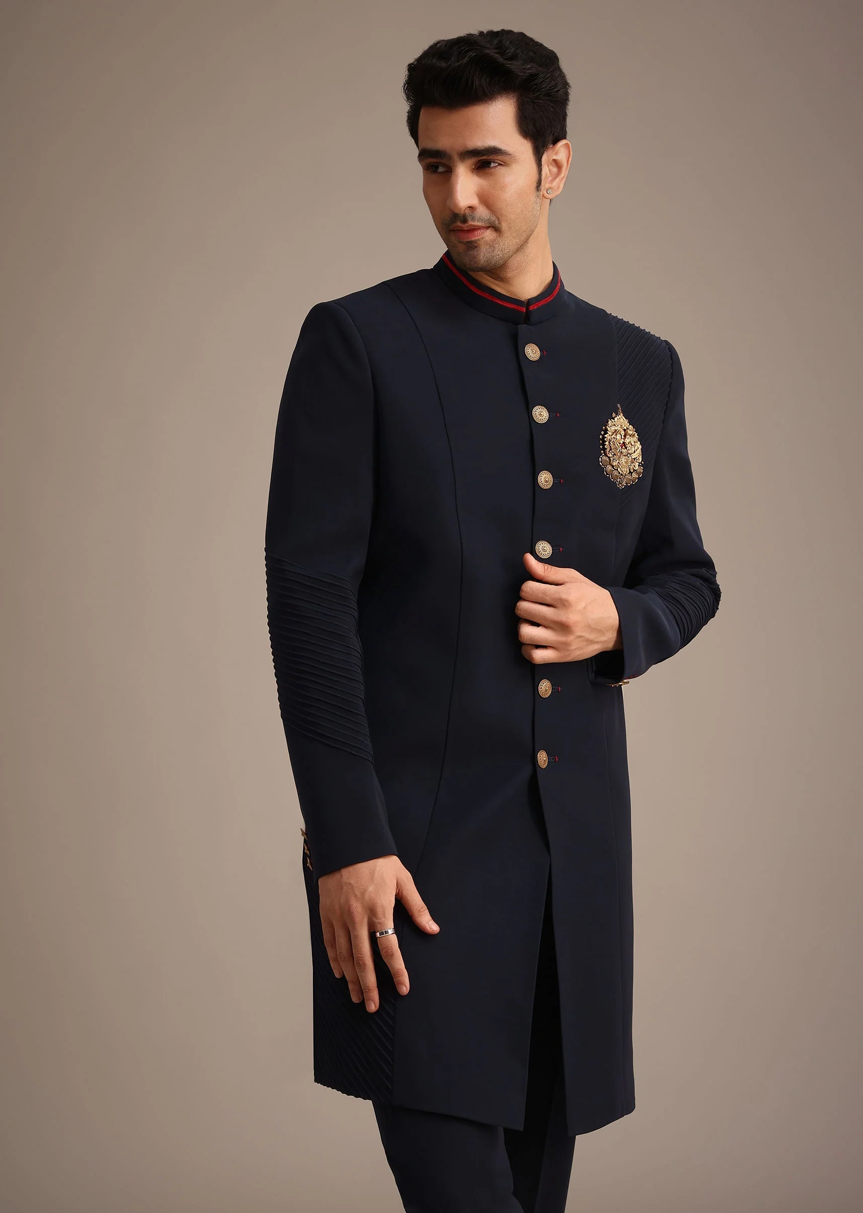 Navy Blue Indowestern Set With Animal Motif Brooch - Image 3