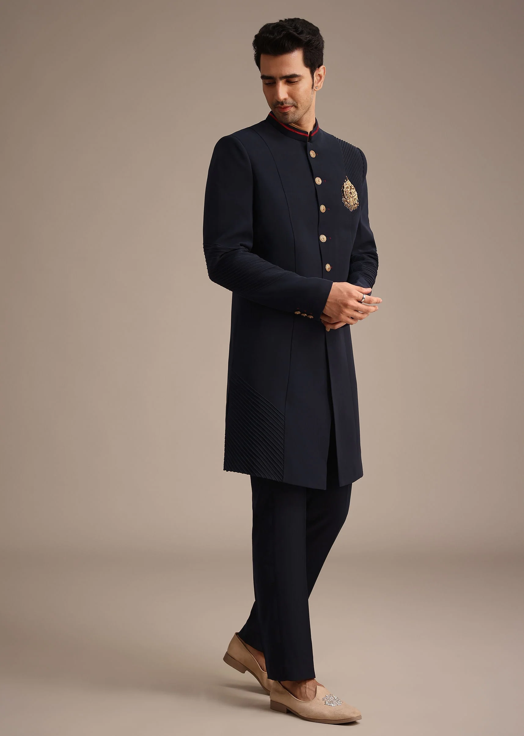 Navy Blue Indowestern Set With Animal Motif Brooch - Image 4