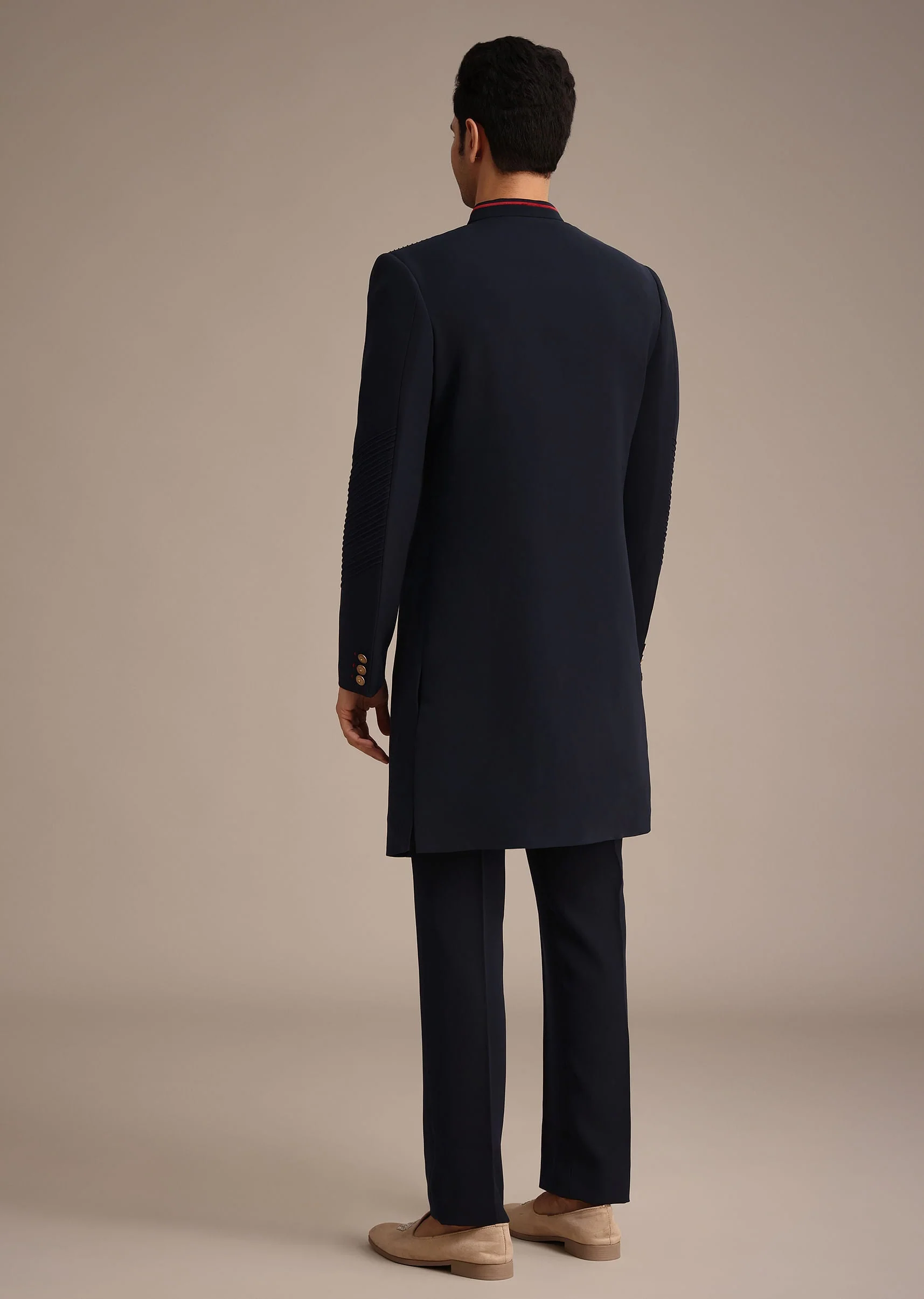 Navy Blue Indowestern Set With Animal Motif Brooch - Image 5