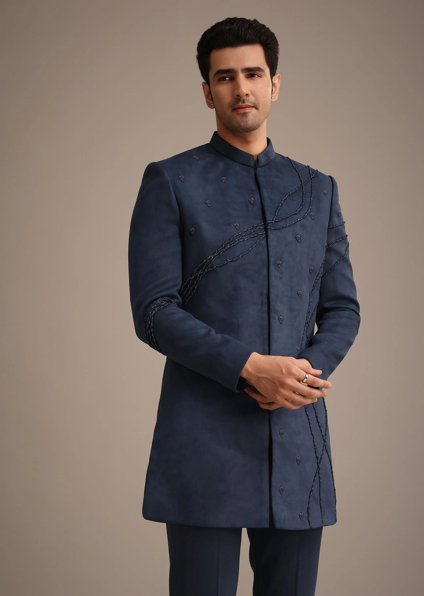 Navy Blue Indowestern Set With Dori Hand Work - Image 3