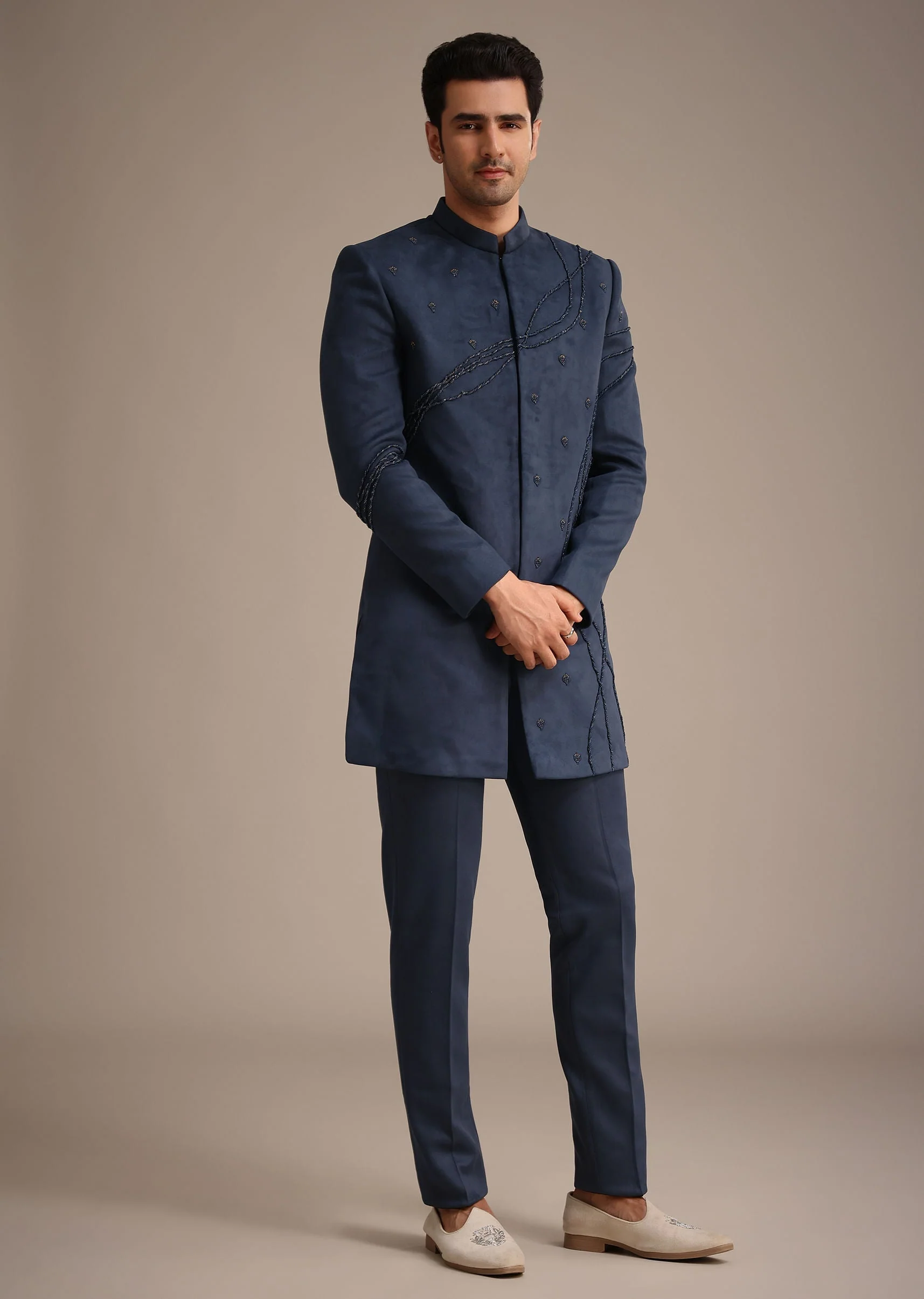 Navy Blue Indowestern Set With Dori Hand Work - Image 4