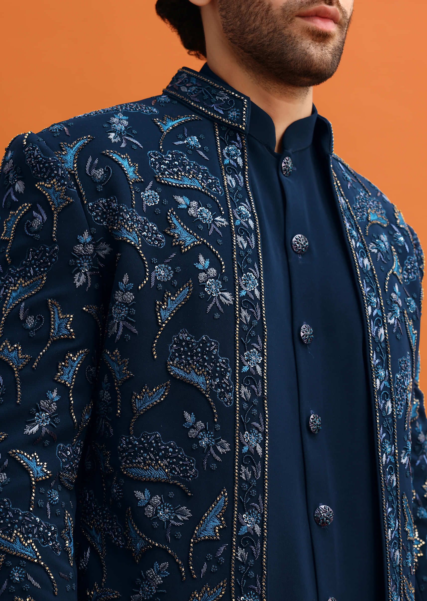 Navy Blue Indowestern Set With Hand Work For Men - Image 2