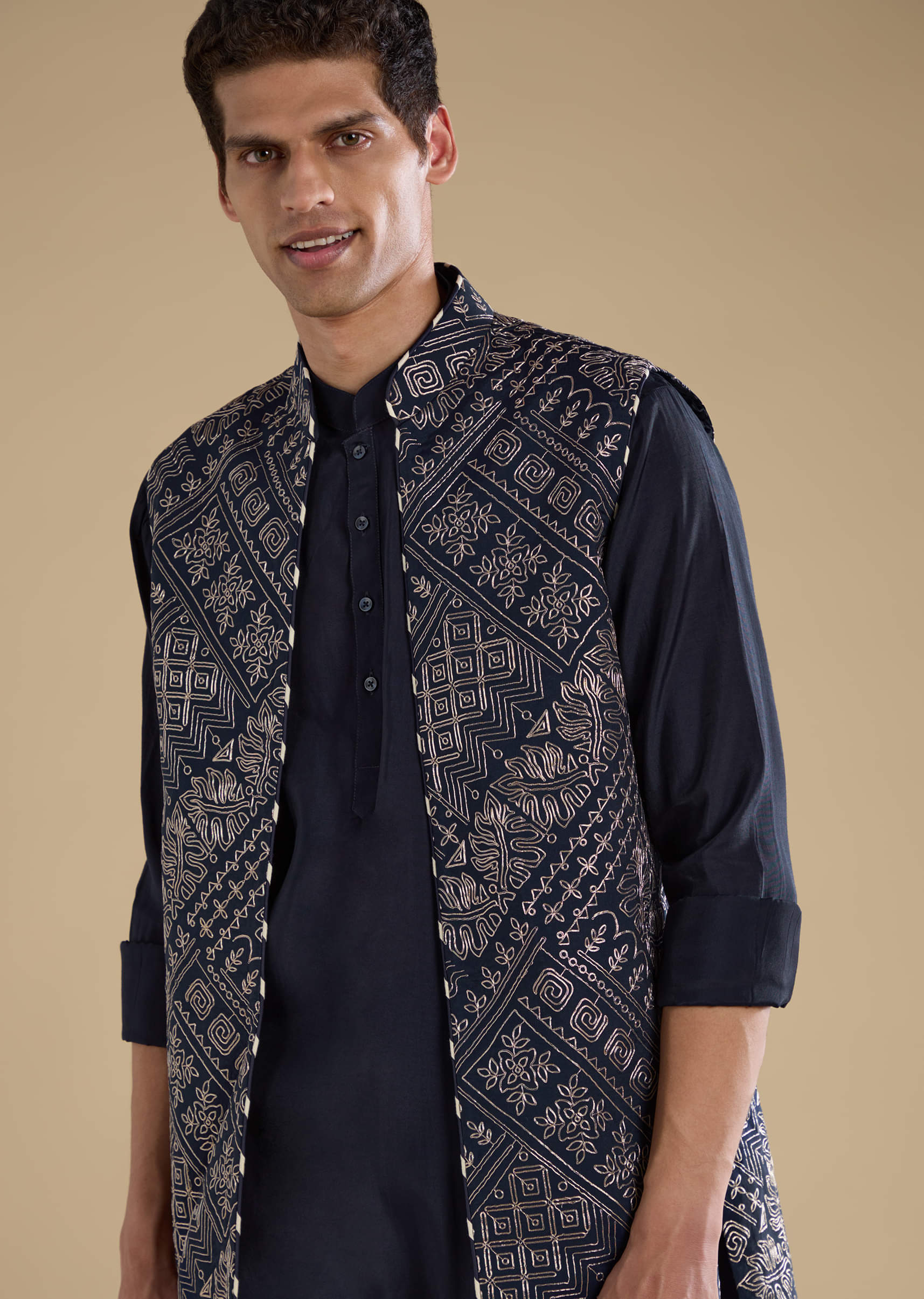 Navy Blue Jacquard Silk Jacket Kurta Set with Resham - Image 2