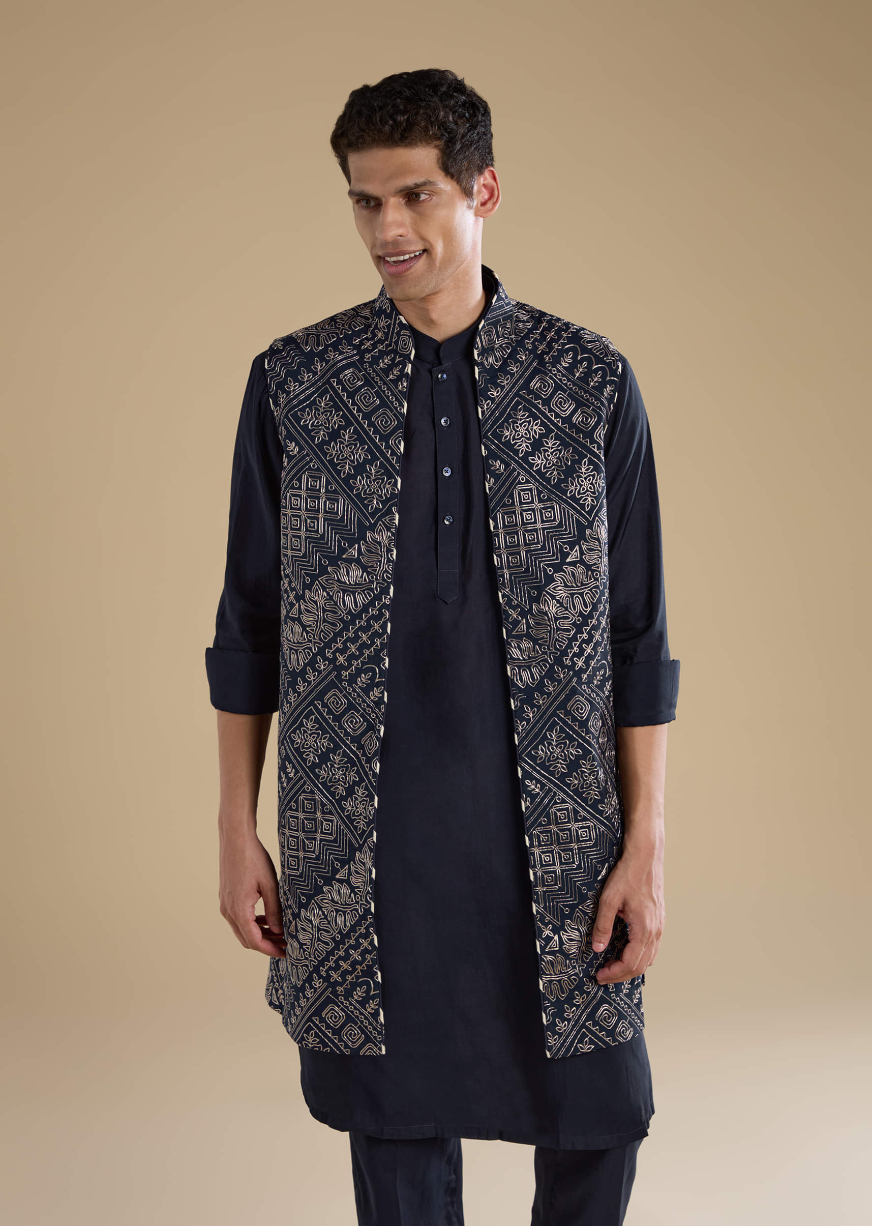 Navy Blue Jacquard Silk Jacket Kurta Set with Resham - Image 4