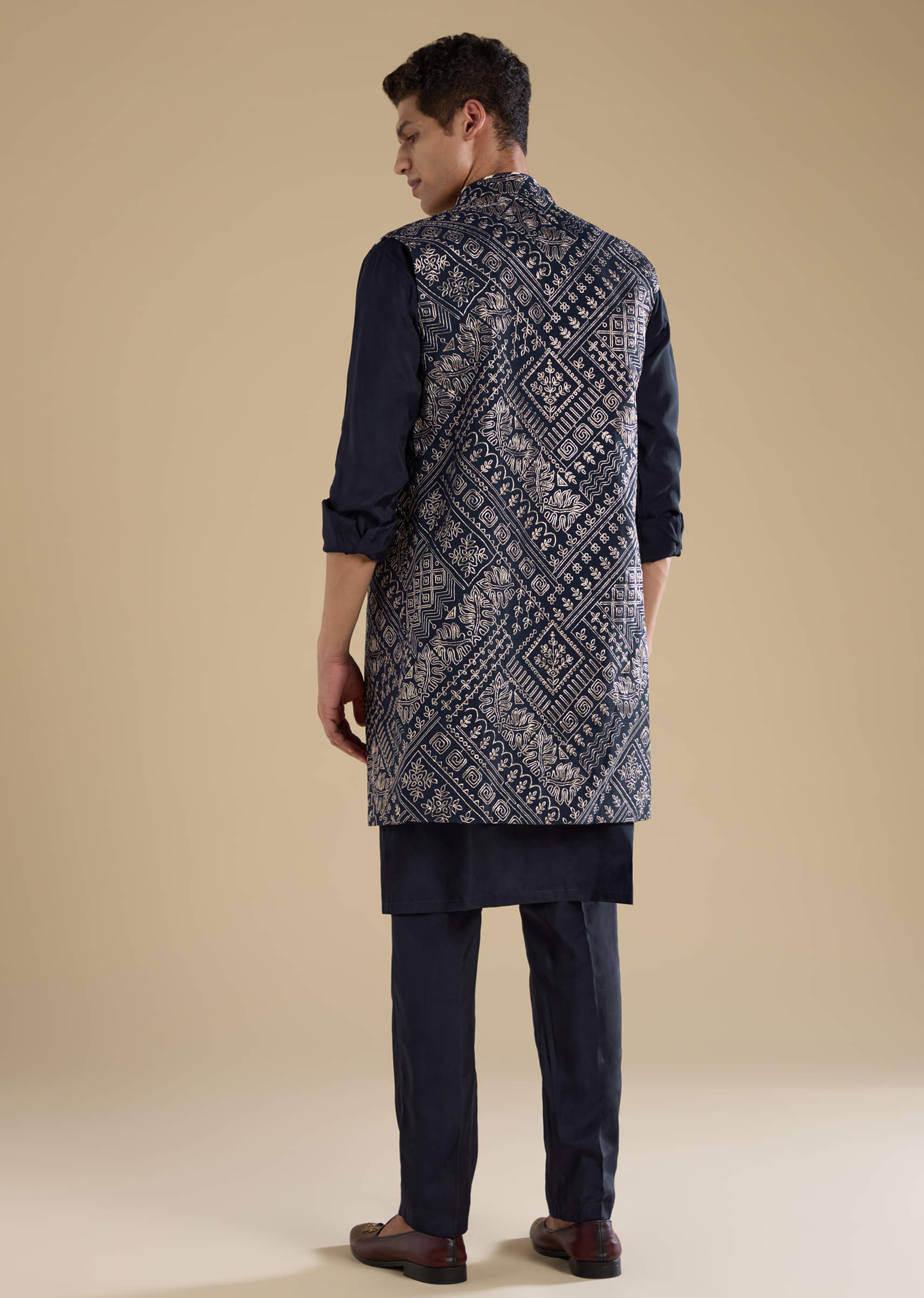 Navy Blue Jacquard Silk Jacket Kurta Set with Resham - Image 5