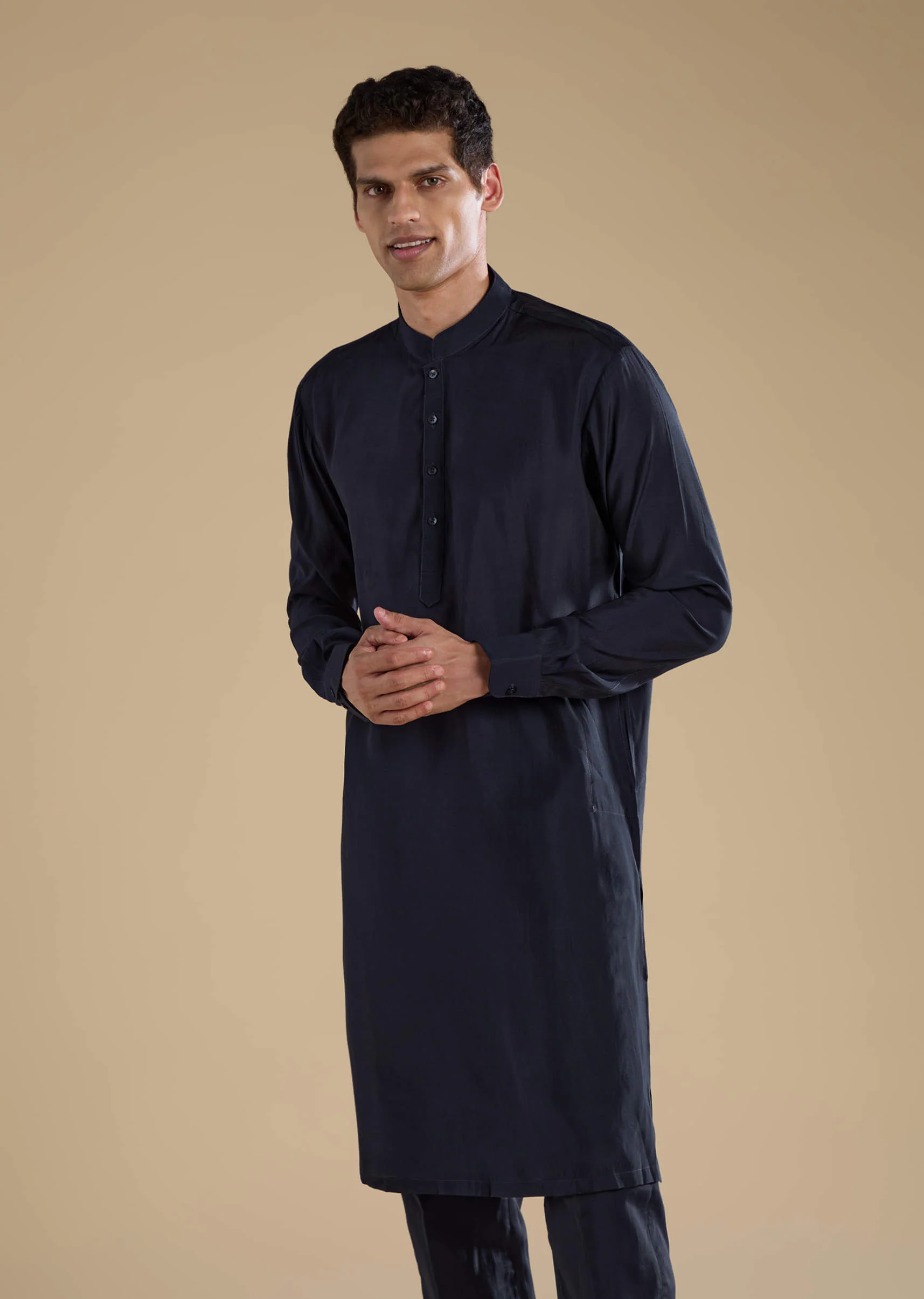 Navy Blue Jacquard Silk Jacket Kurta Set with Resham - Image 6