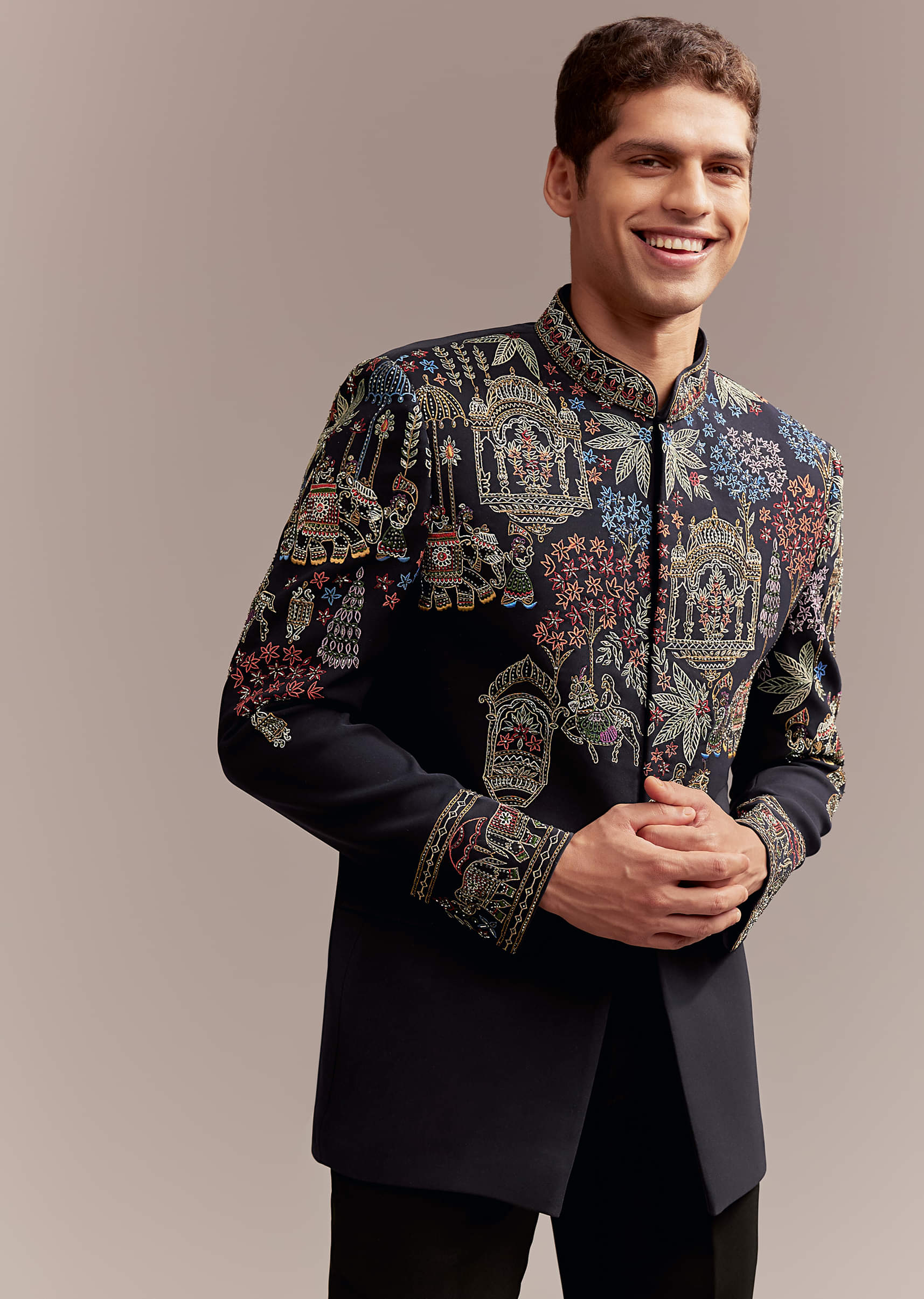 Navy Blue Jodhpuri Bandhgala Suit For Men With Thread Embroidery - Image 5