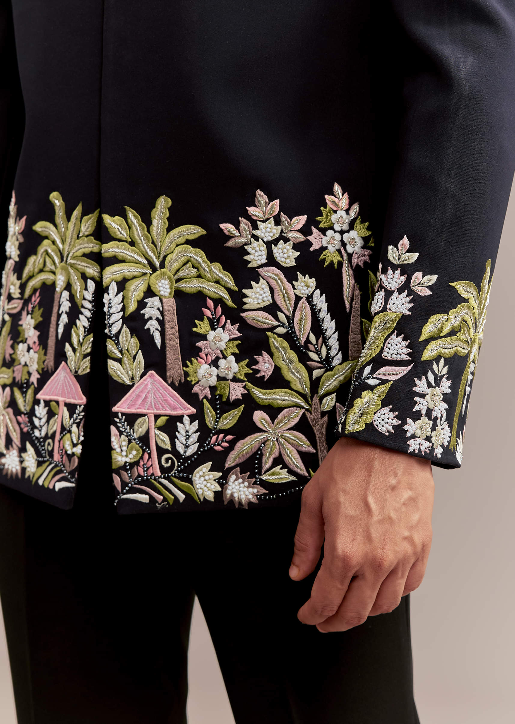Navy Blue Jodhpuri Suit For Men With Tropical Floral Embroidery - Image 2