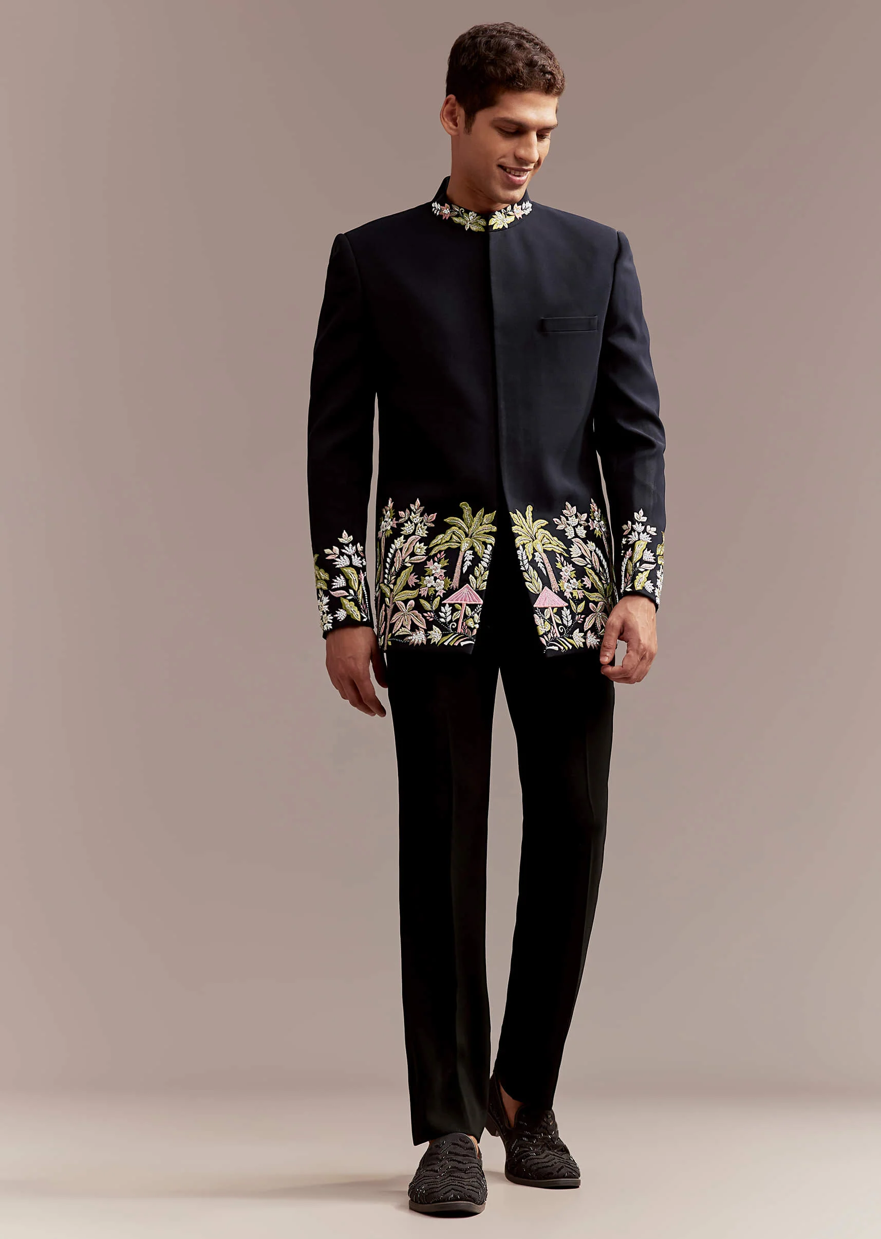 Navy Blue Jodhpuri Suit For Men With Tropical Floral Embroidery - Image 3