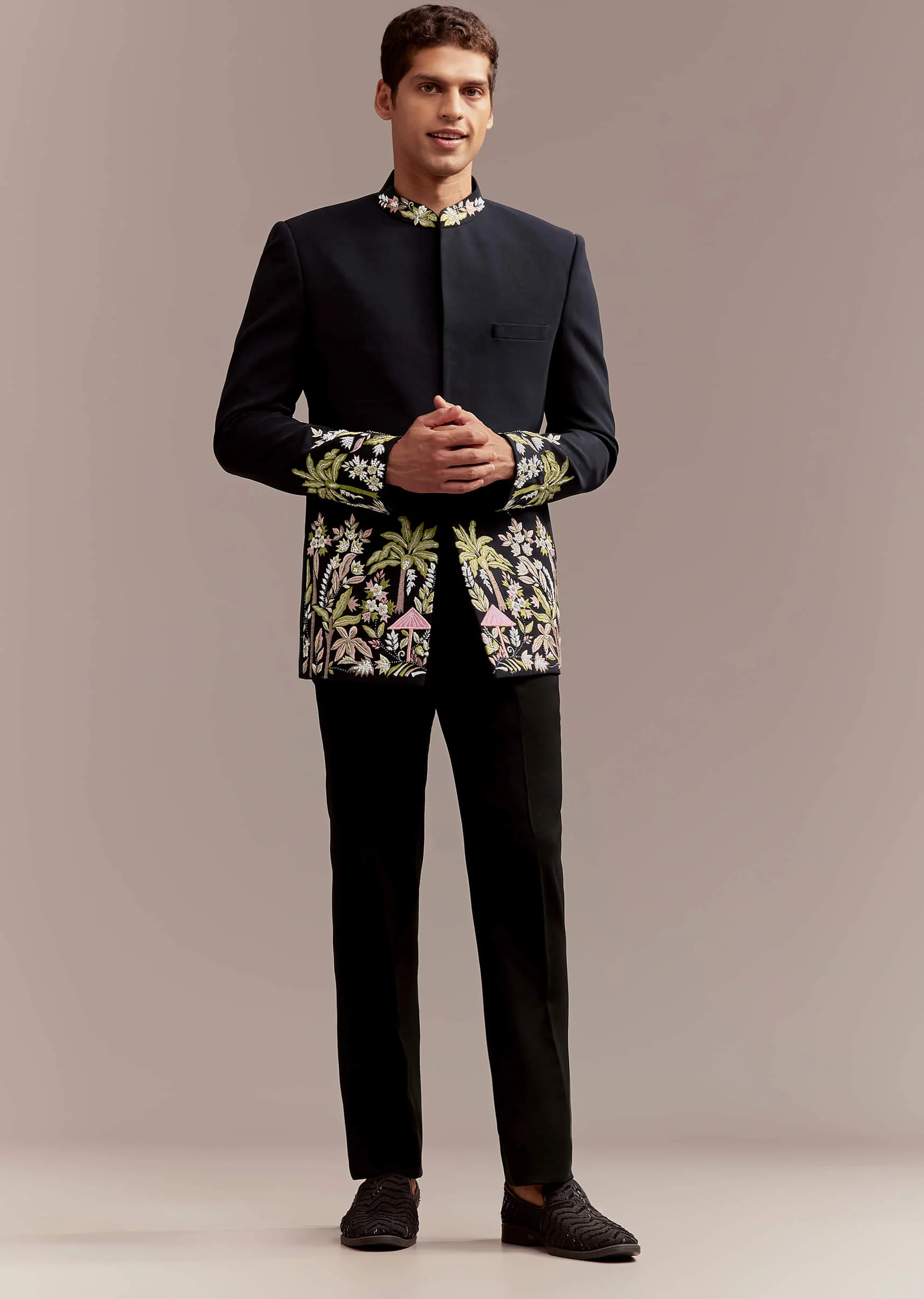 Navy Blue Jodhpuri Suit For Men With Tropical Floral Embroidery - Image 8