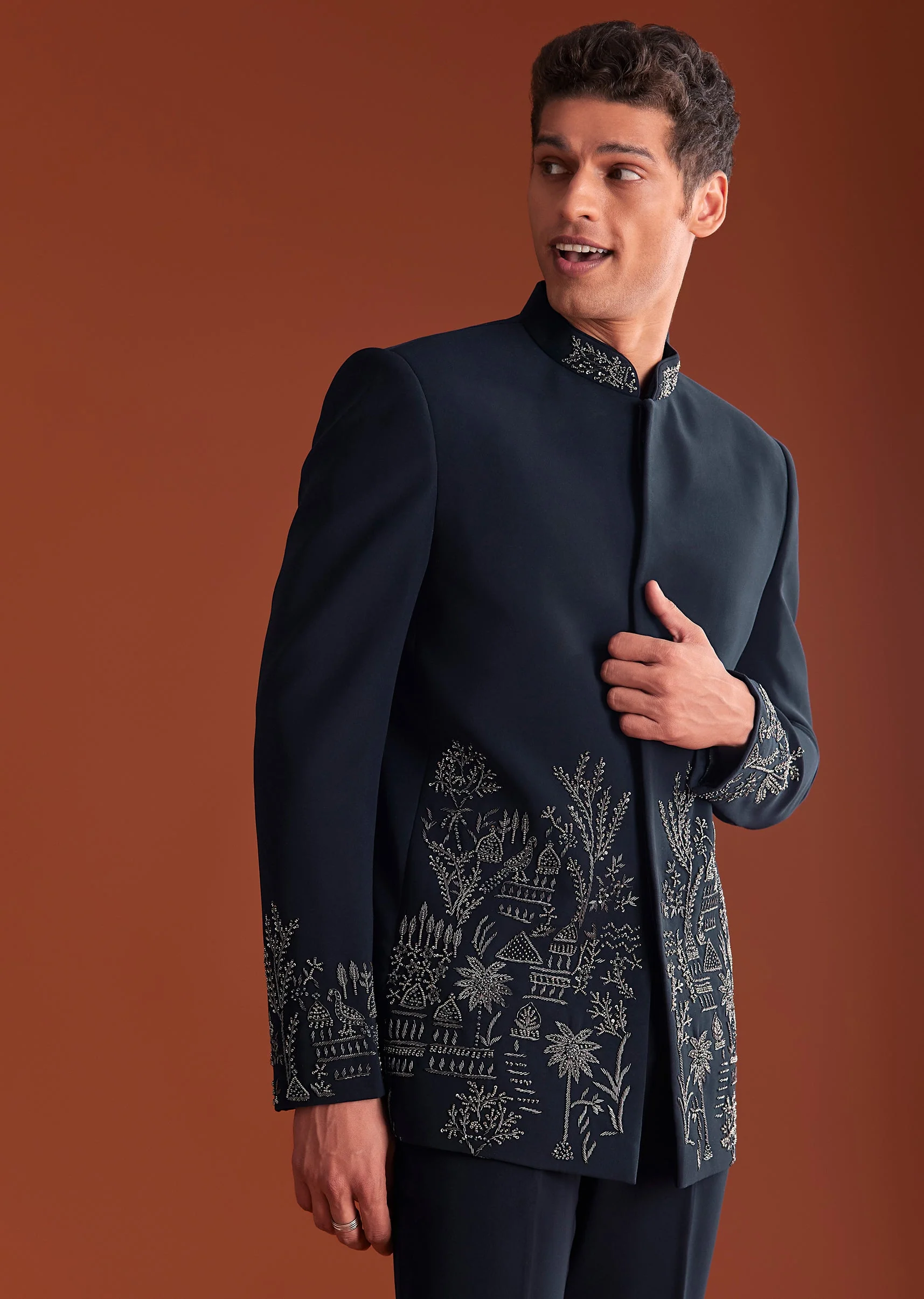 Navy Blue Jodhpuri Suit In Lachkaa Fabric With Hand Embroidery - Image 2