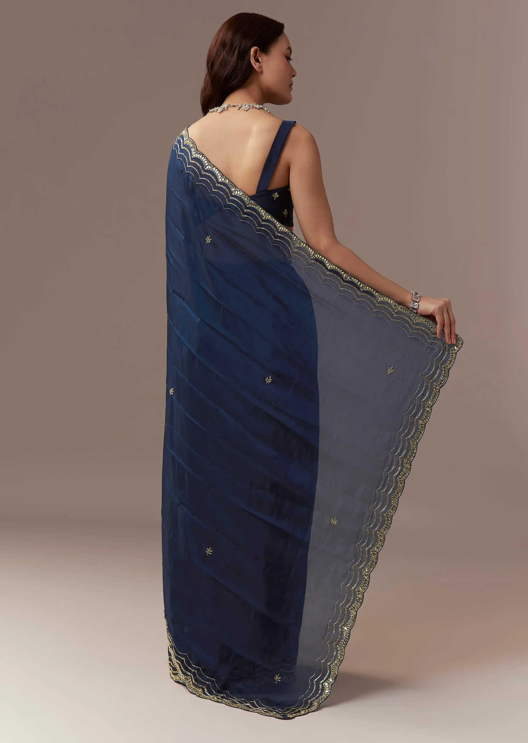 Navy Blue Kora Silk Saree With Cutdana Stones And Mirror Embroidery - Image 3