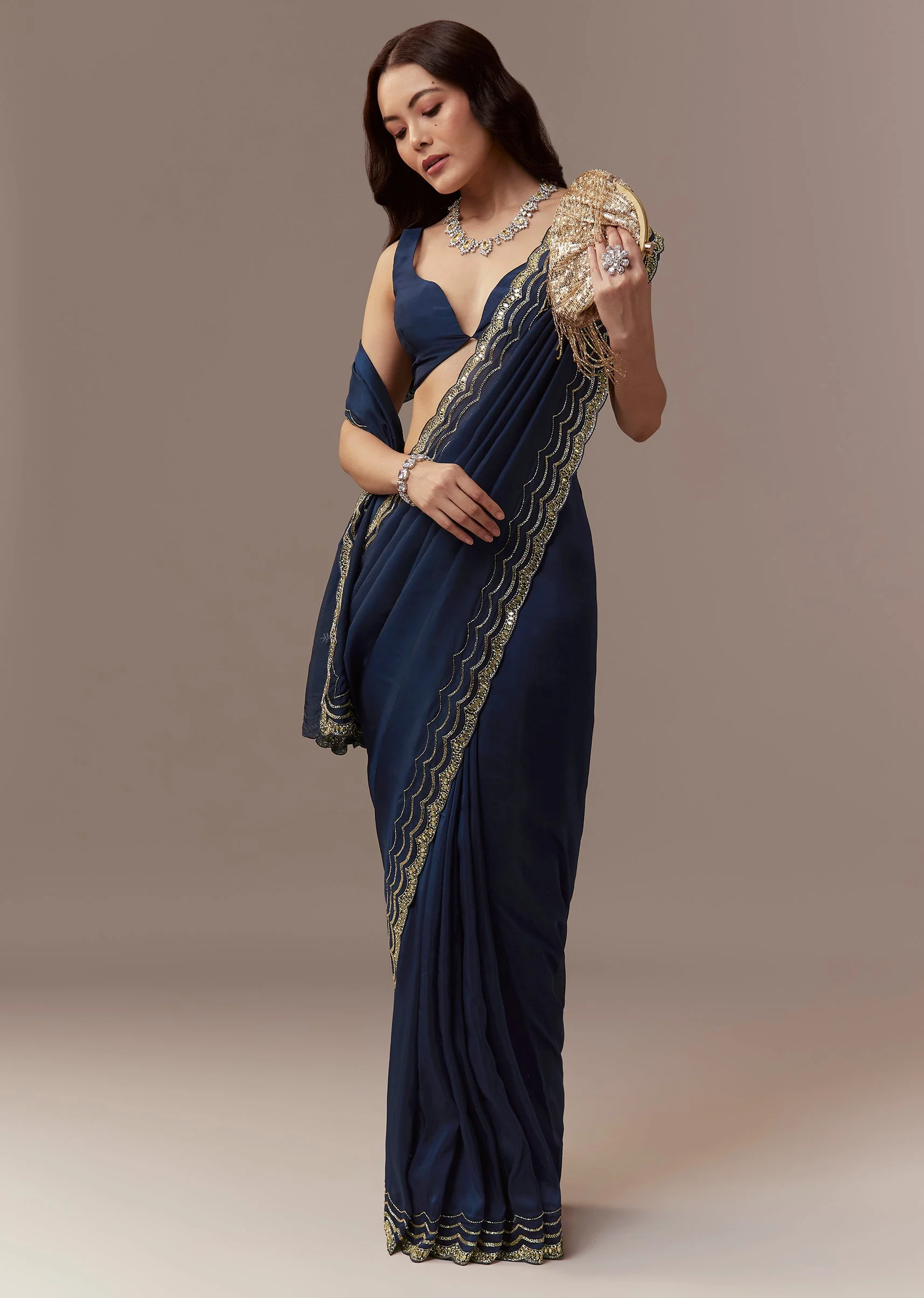 Navy Blue Kora Silk Saree With Cutdana Stones And Mirror Embroidery - Image 4