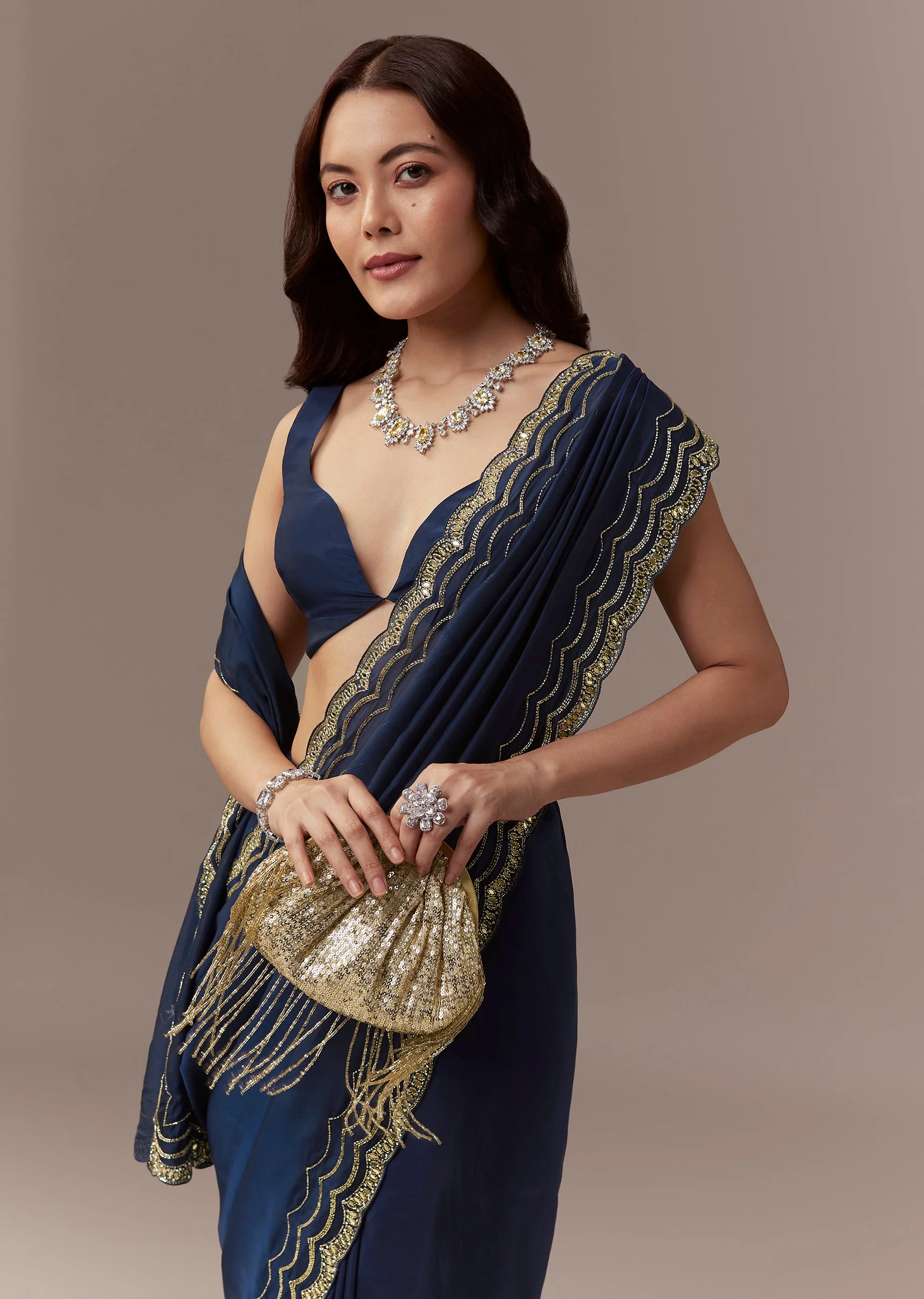 Navy Blue Kora Silk Saree With Cutdana Stones And Mirror Embroidery - Image 6