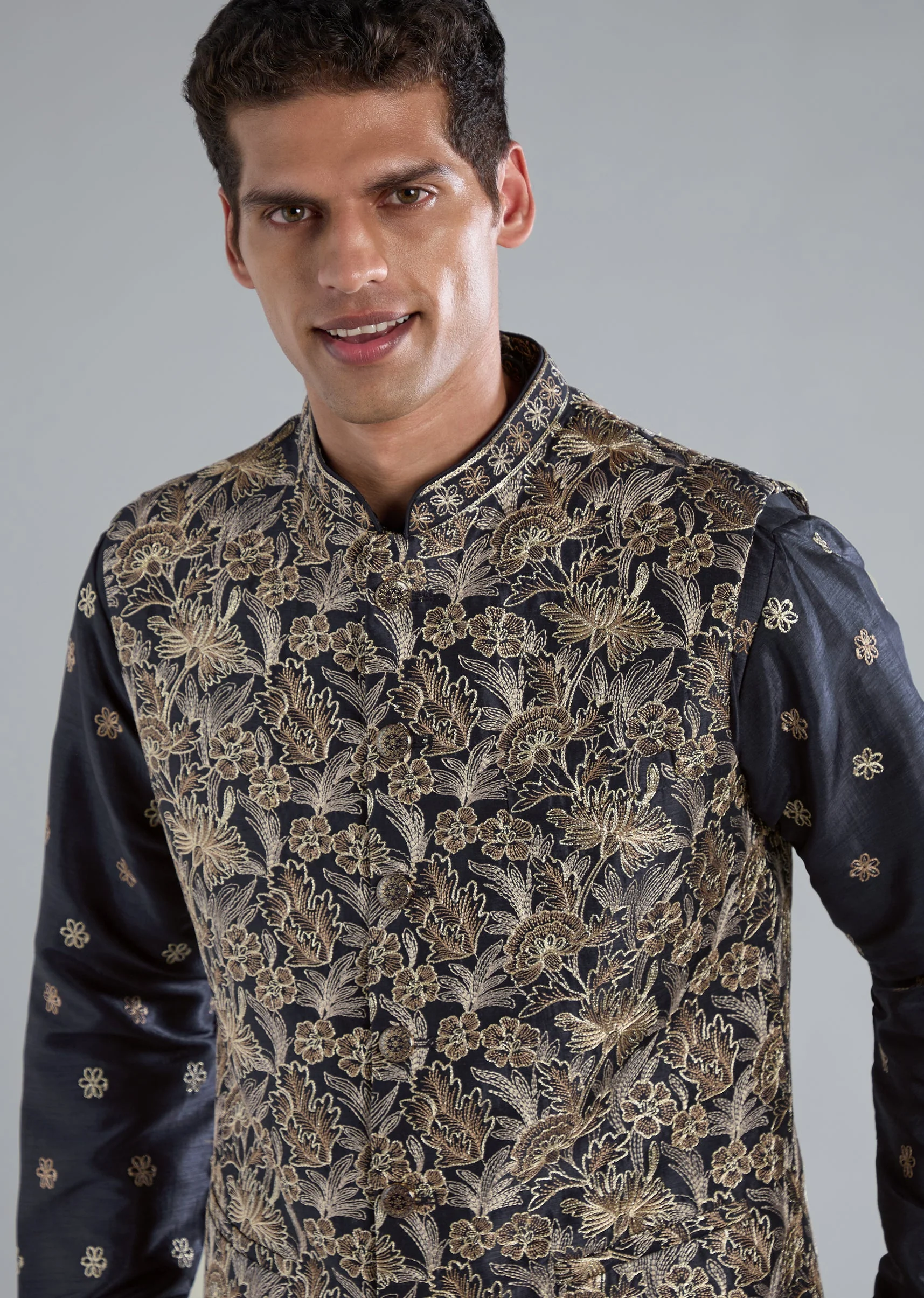 Navy Blue Kurta Jacket Set With Thread And Sequin Embroidery - Image 2