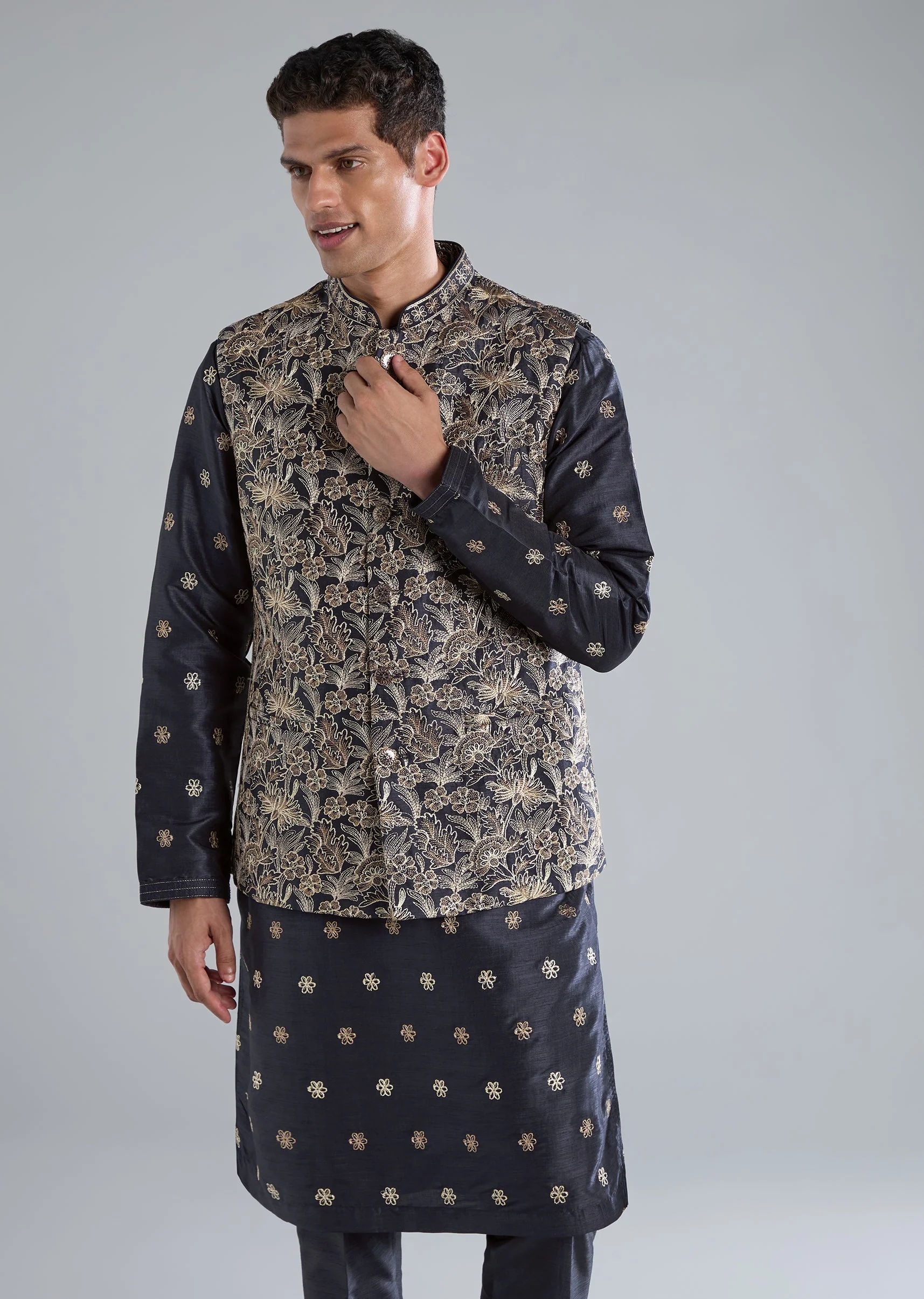 Navy Blue Kurta Jacket Set With Thread And Sequin Embroidery - Image 4