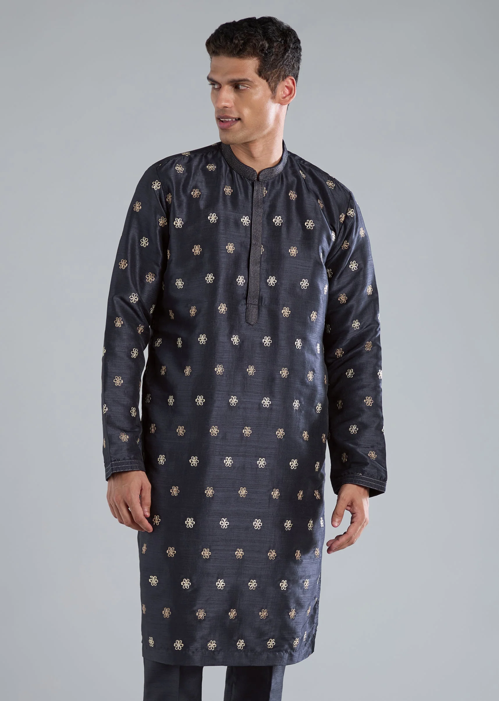 Navy Blue Kurta Jacket Set With Thread And Sequin Embroidery - Image 6