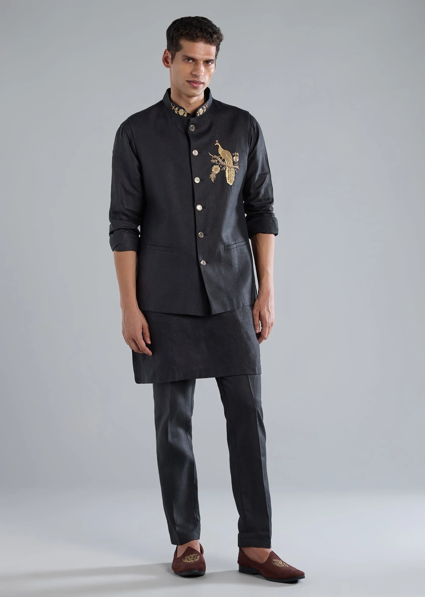 Navy Blue Kurta Jacket Set With Zardosi Hand Work