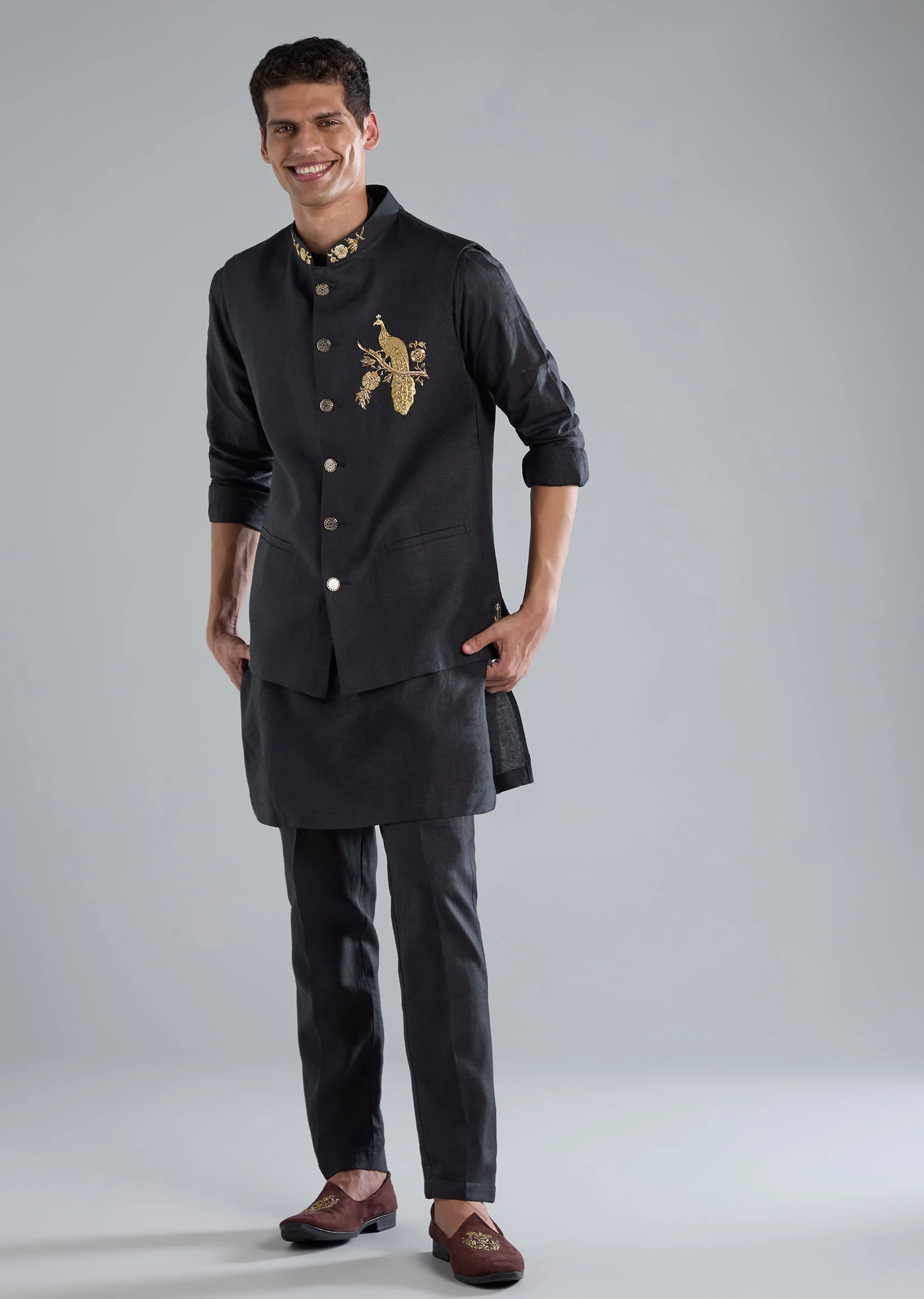 Navy Blue Kurta Jacket Set With Zardosi Hand Work - Image 3