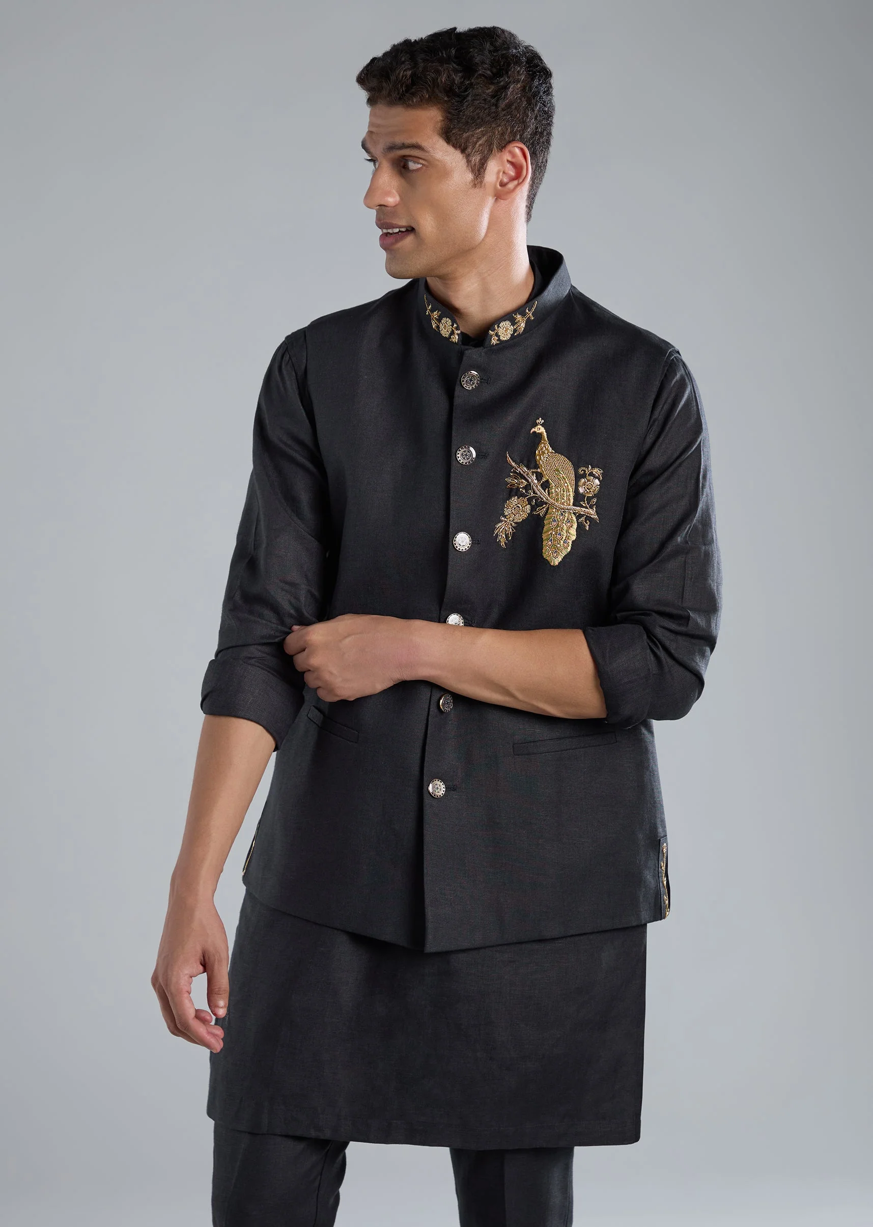 Navy Blue Kurta Jacket Set With Zardosi Hand Work - Image 4