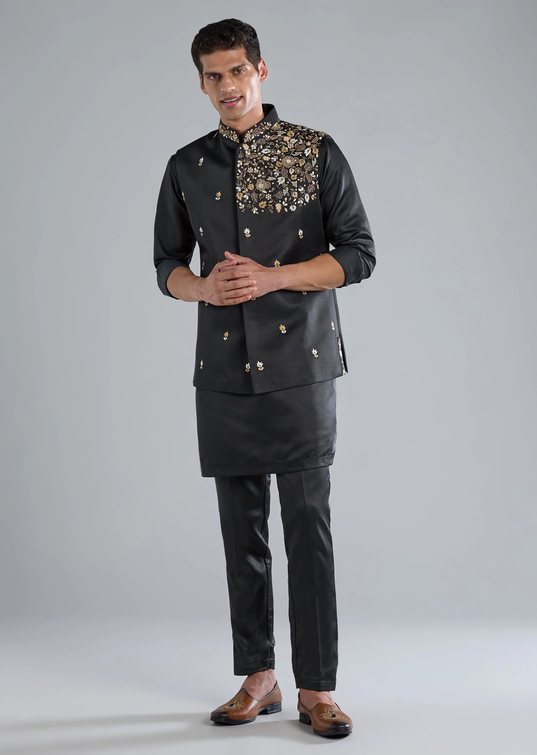 Navy Blue Kurta Jacket Set With Zardosi Resham And Cut Dana Detailing
