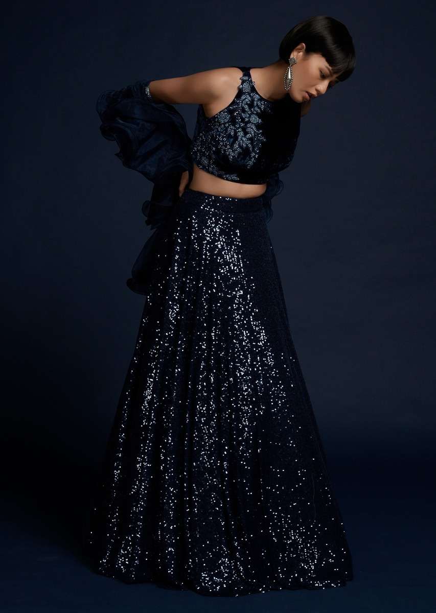 Navy Blue Lehenga Embellished In Sequins With Cut Dana Embellished Crop Top And Ruffle Dupatta - Image 5