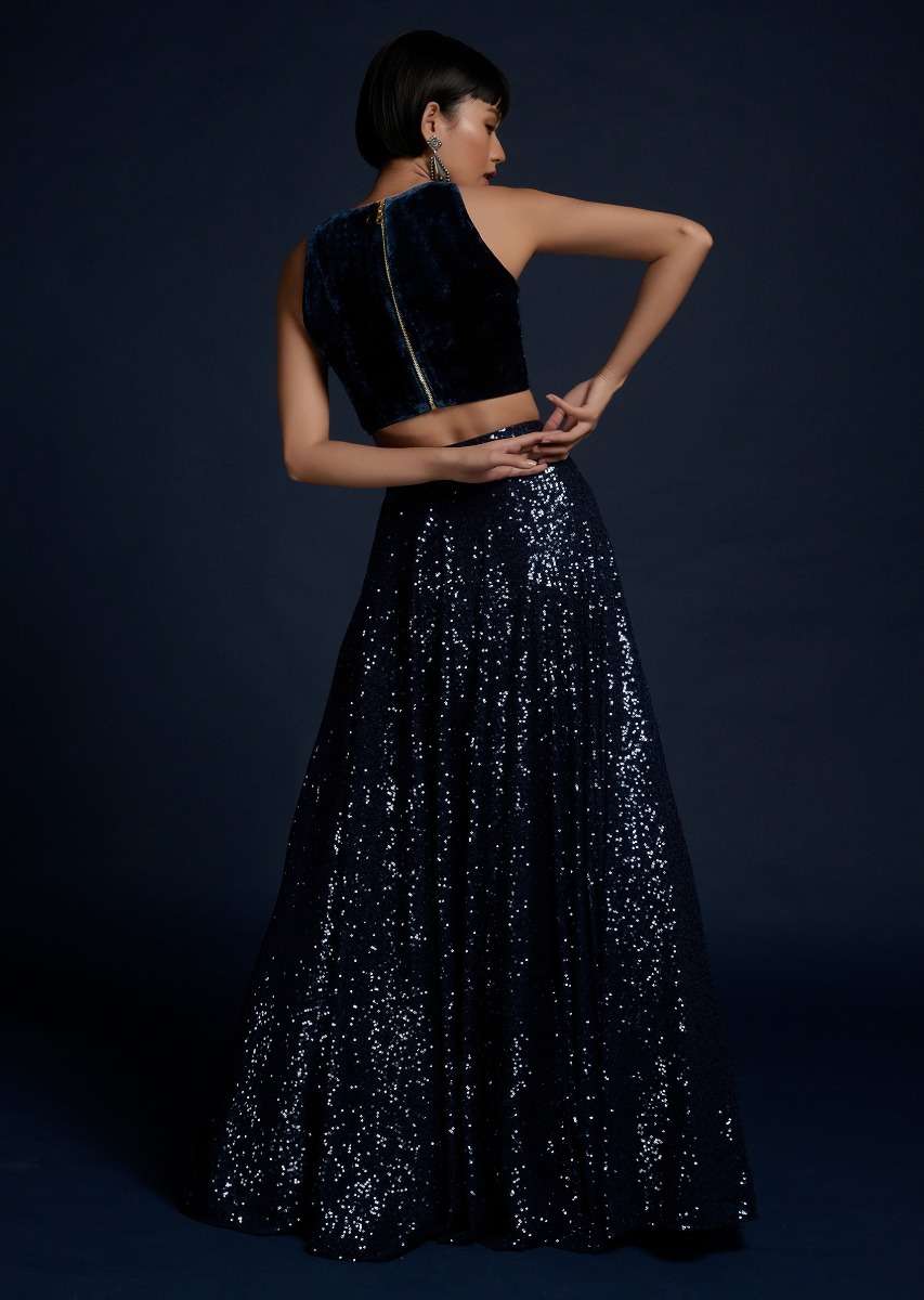Navy Blue Lehenga Embellished In Sequins With Cut Dana Embellished Crop Top And Ruffle Dupatta - Image 6