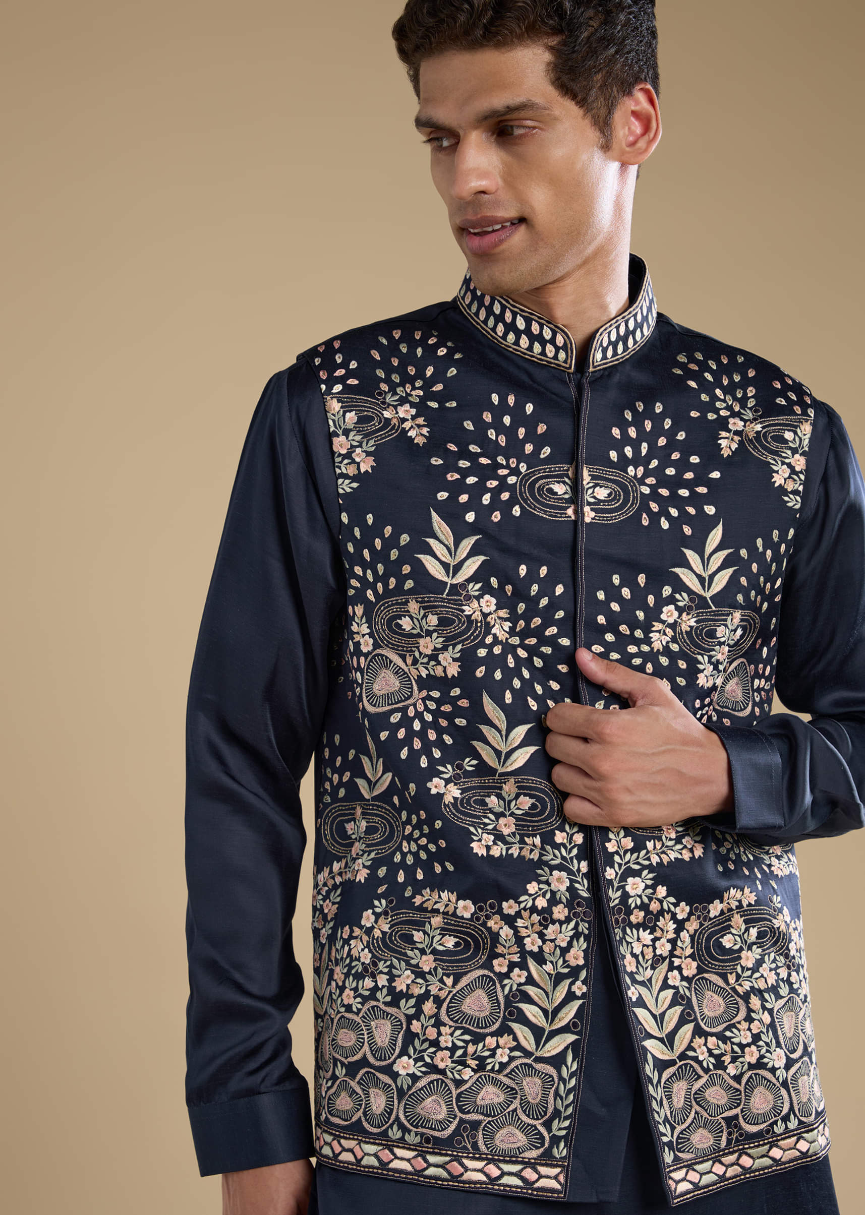 Navy Blue Linen Jacket Kurta Set with Patch Work - Image 2