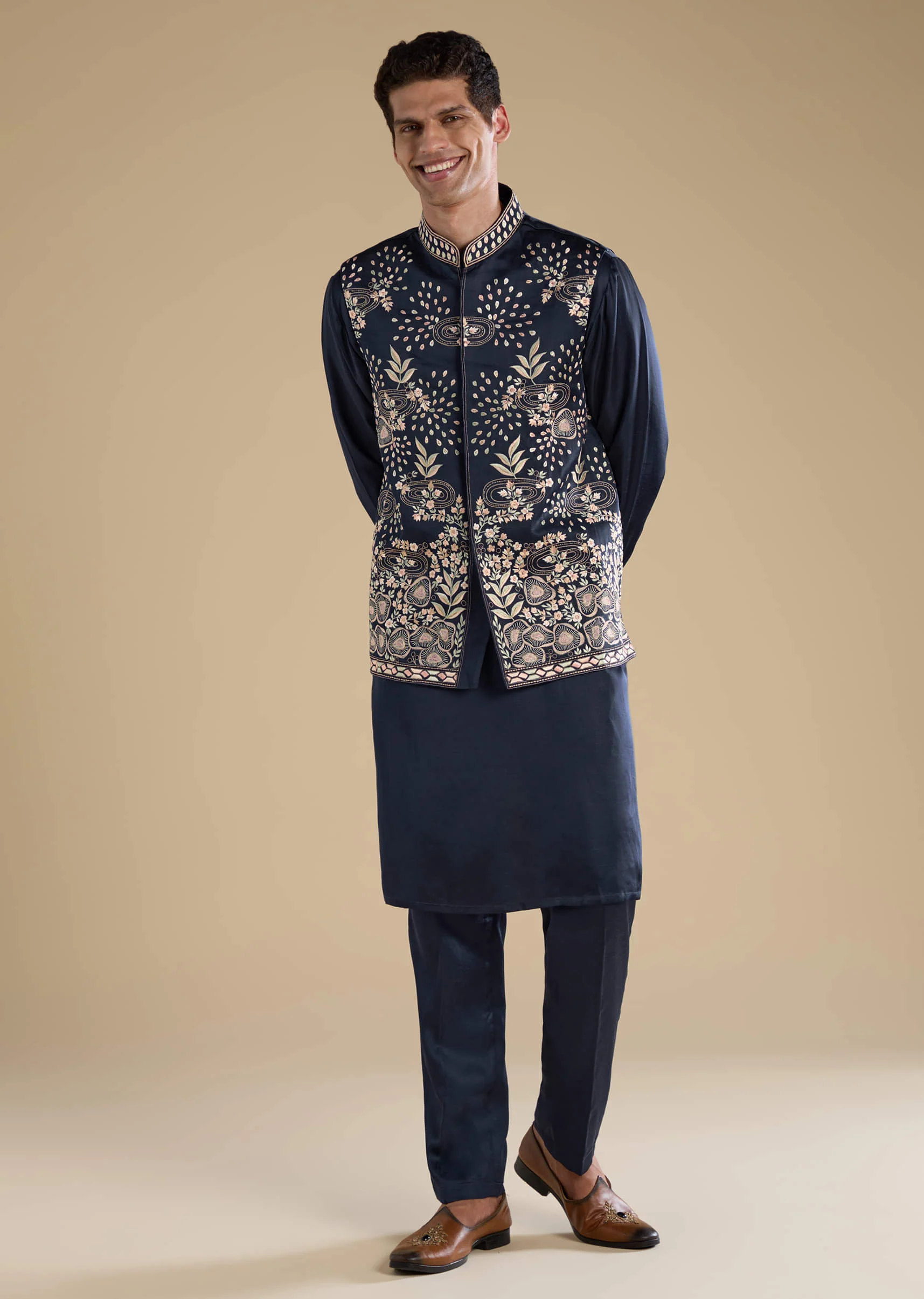 Navy Blue Linen Jacket Kurta Set with Patch Work - Image 3