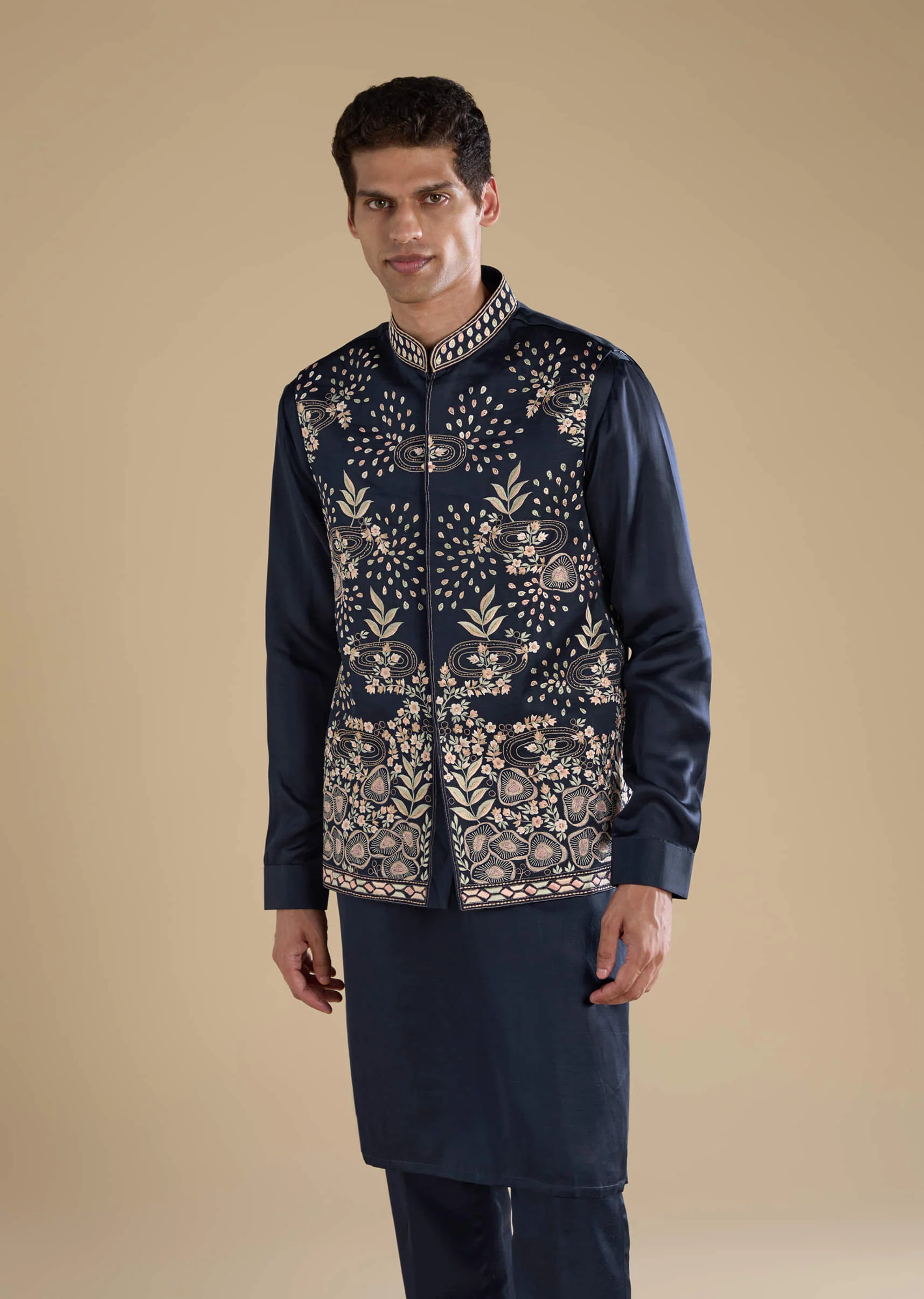 Navy Blue Linen Jacket Kurta Set with Patch Work - Image 4