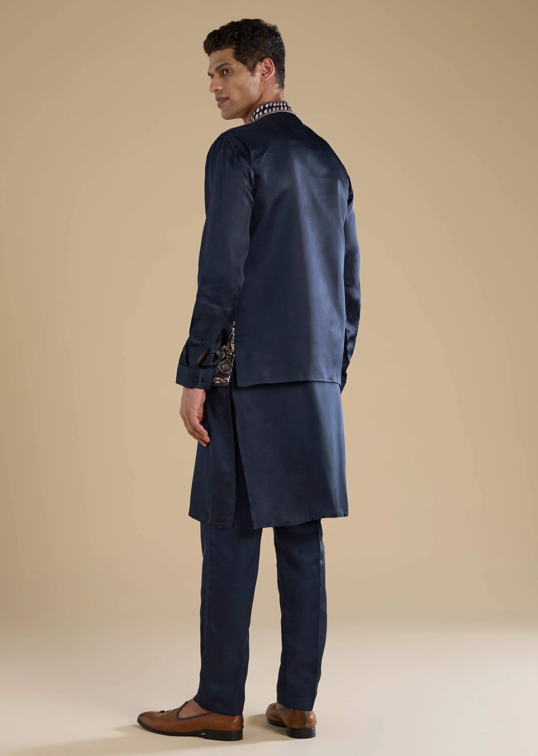 Navy Blue Linen Jacket Kurta Set with Patch Work - Image 5