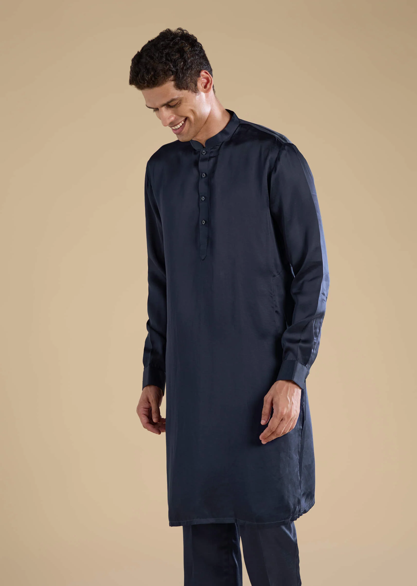 Navy Blue Linen Jacket Kurta Set with Patch Work - Image 6