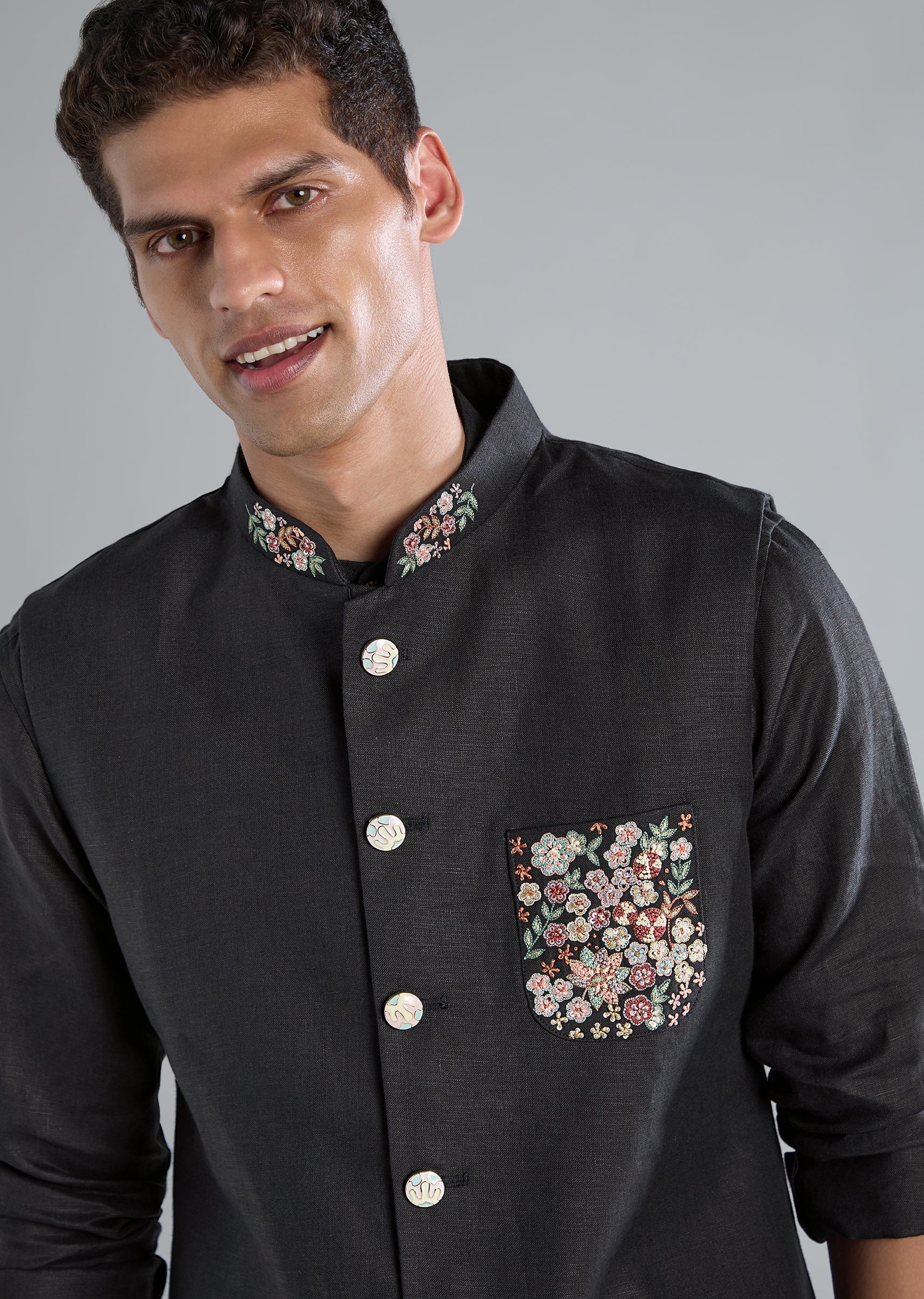 Navy Blue Linen Kurta Jacket Set With Thread Resham Work - Image 2