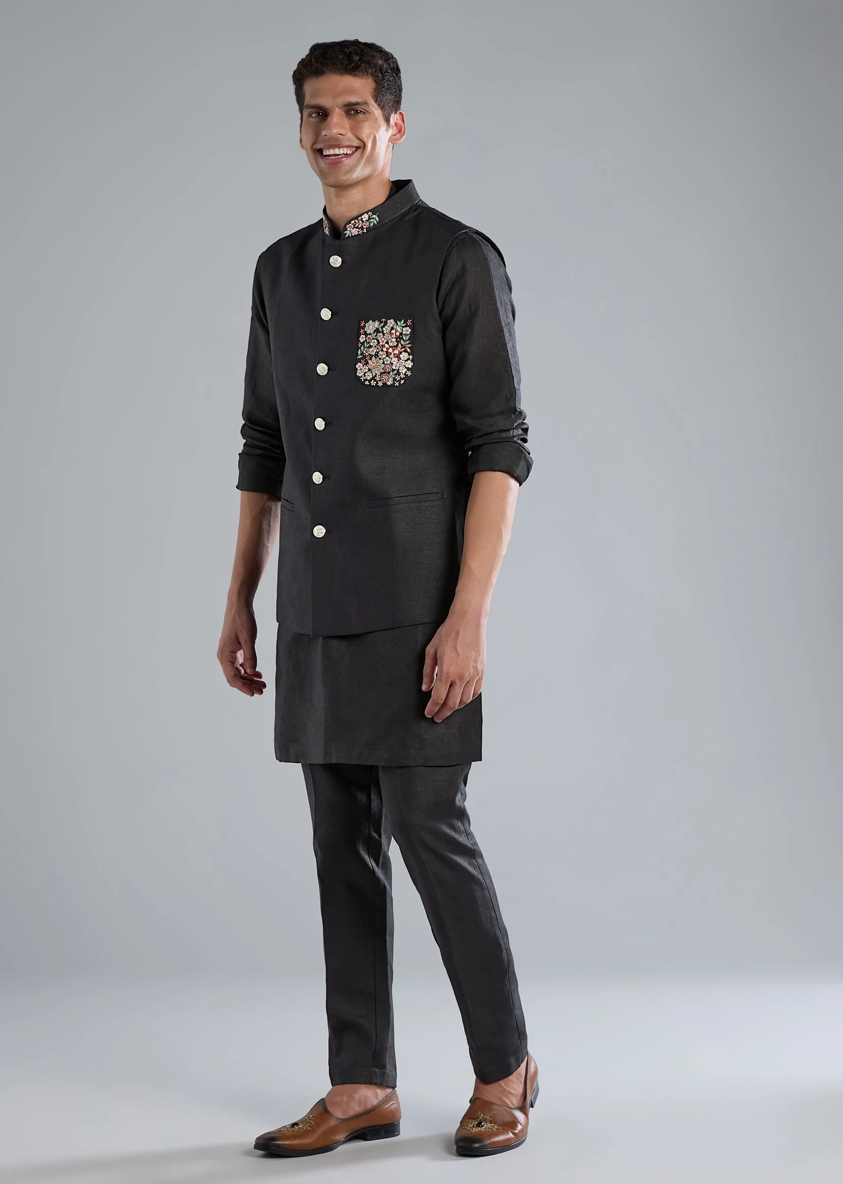 Navy Blue Linen Kurta Jacket Set With Thread Resham Work - Image 3