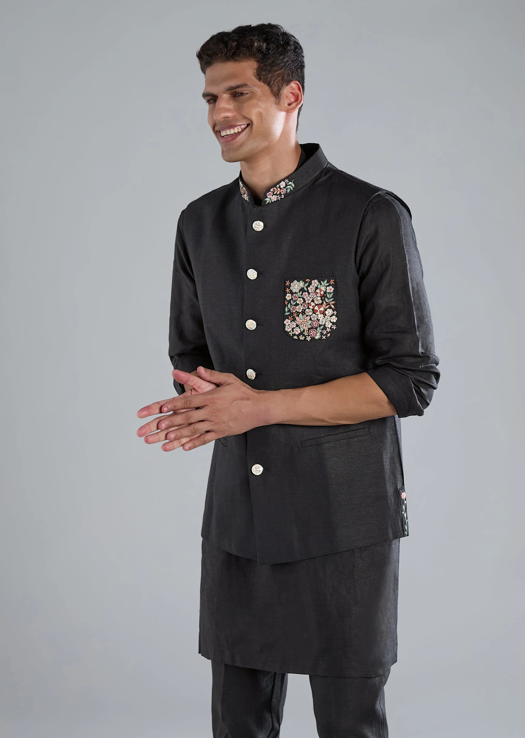 Navy Blue Linen Kurta Jacket Set With Thread Resham Work - Image 4
