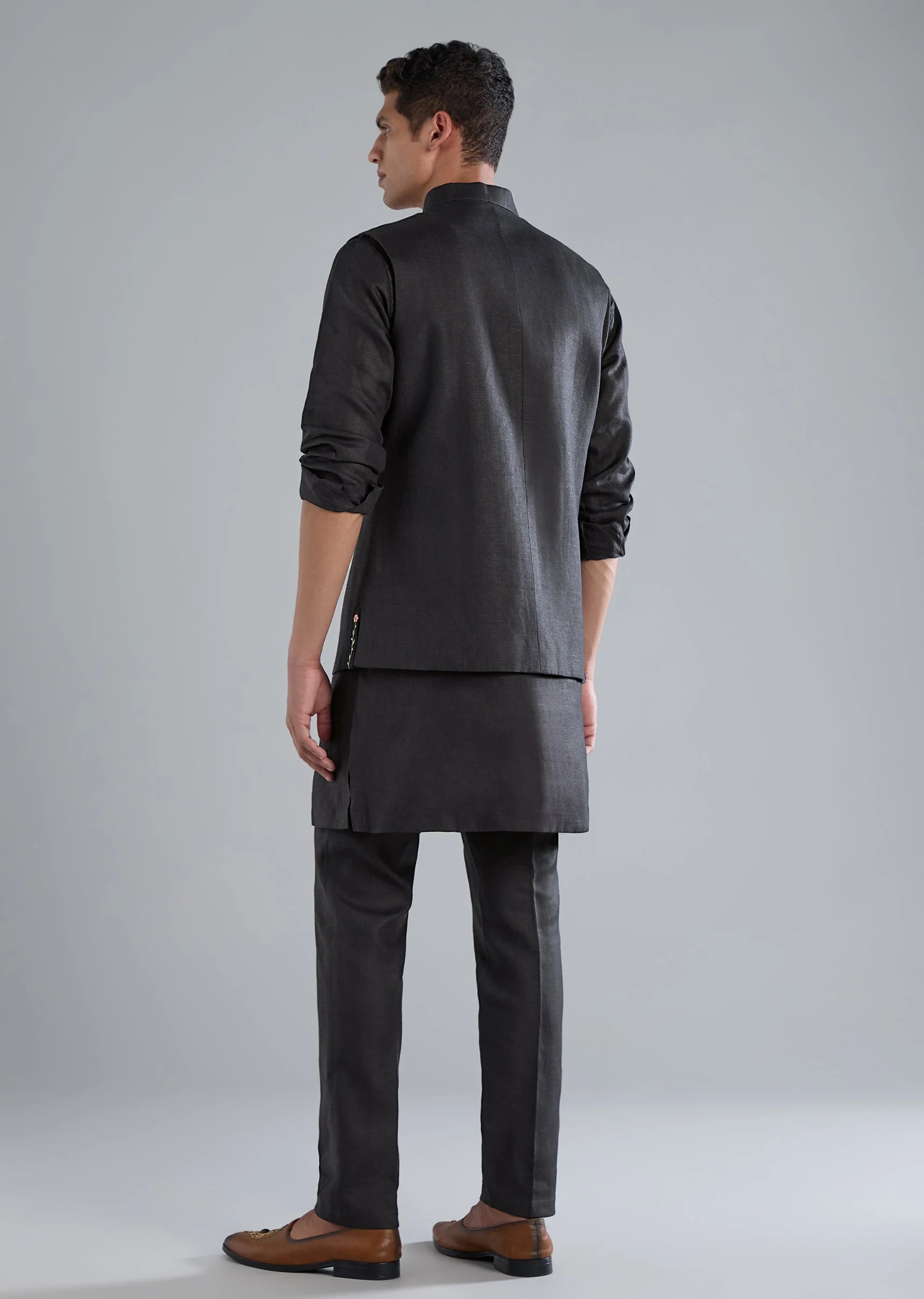 Navy Blue Linen Kurta Jacket Set With Thread Resham Work - Image 5