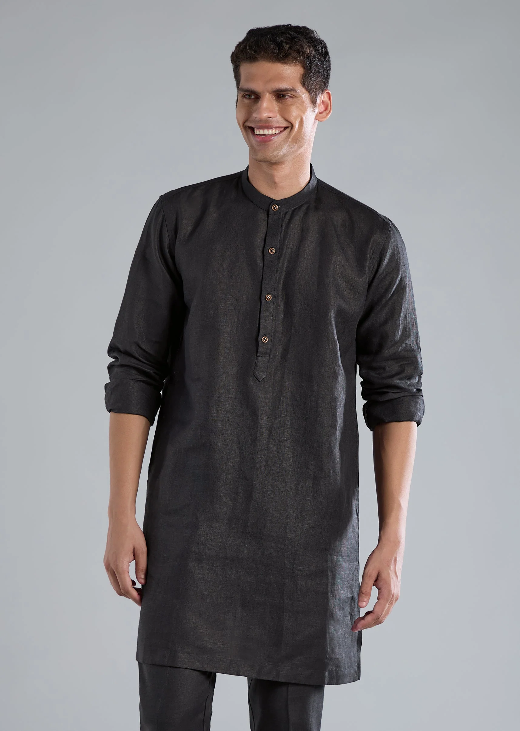 Navy Blue Linen Kurta Jacket Set With Thread Resham Work - Image 6