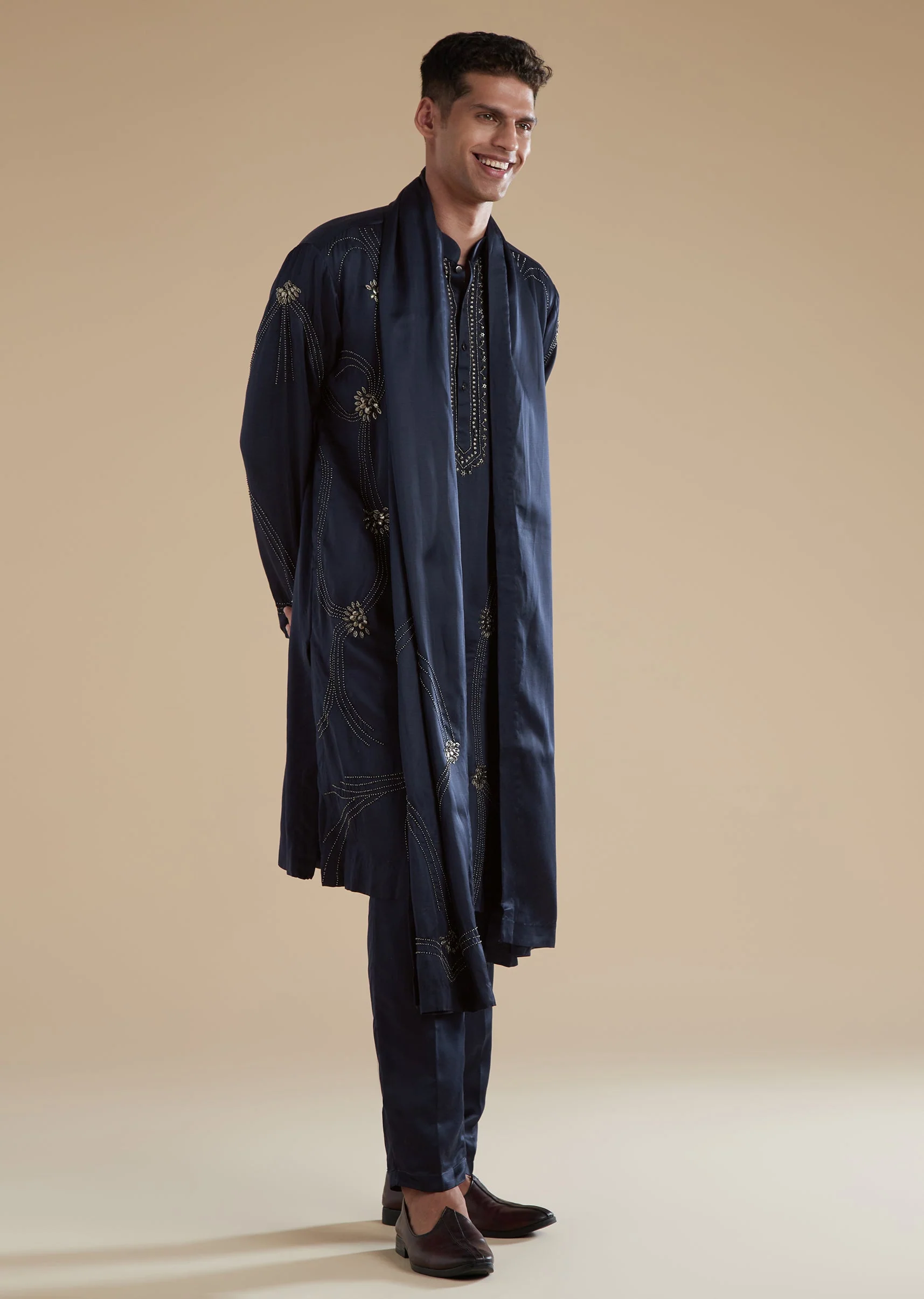 Navy Blue Linen Satin Mens Kurta Set with Metal Beads Detail Work - Image 3
