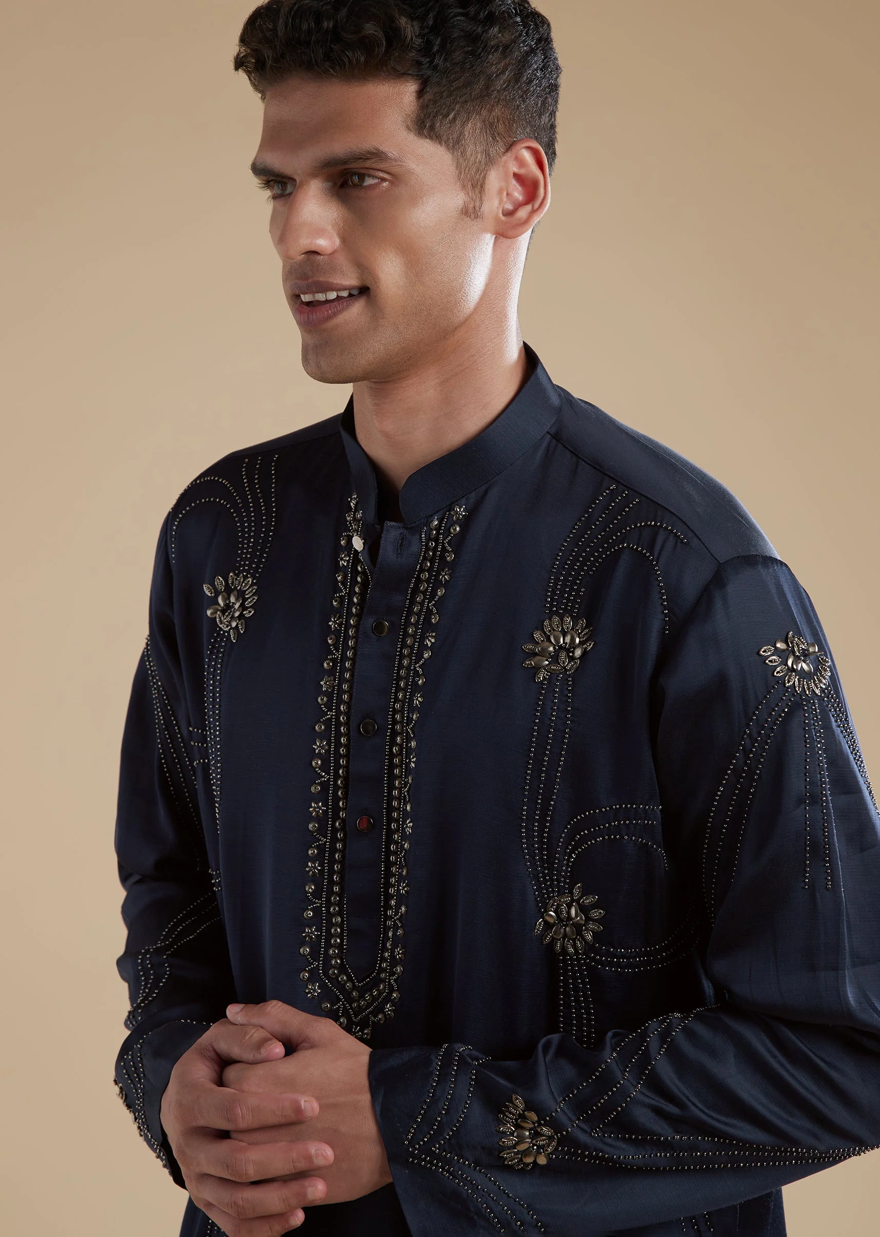 Navy Blue Linen Satin Mens Kurta Set with Metal Beads Detail Work - Image 4