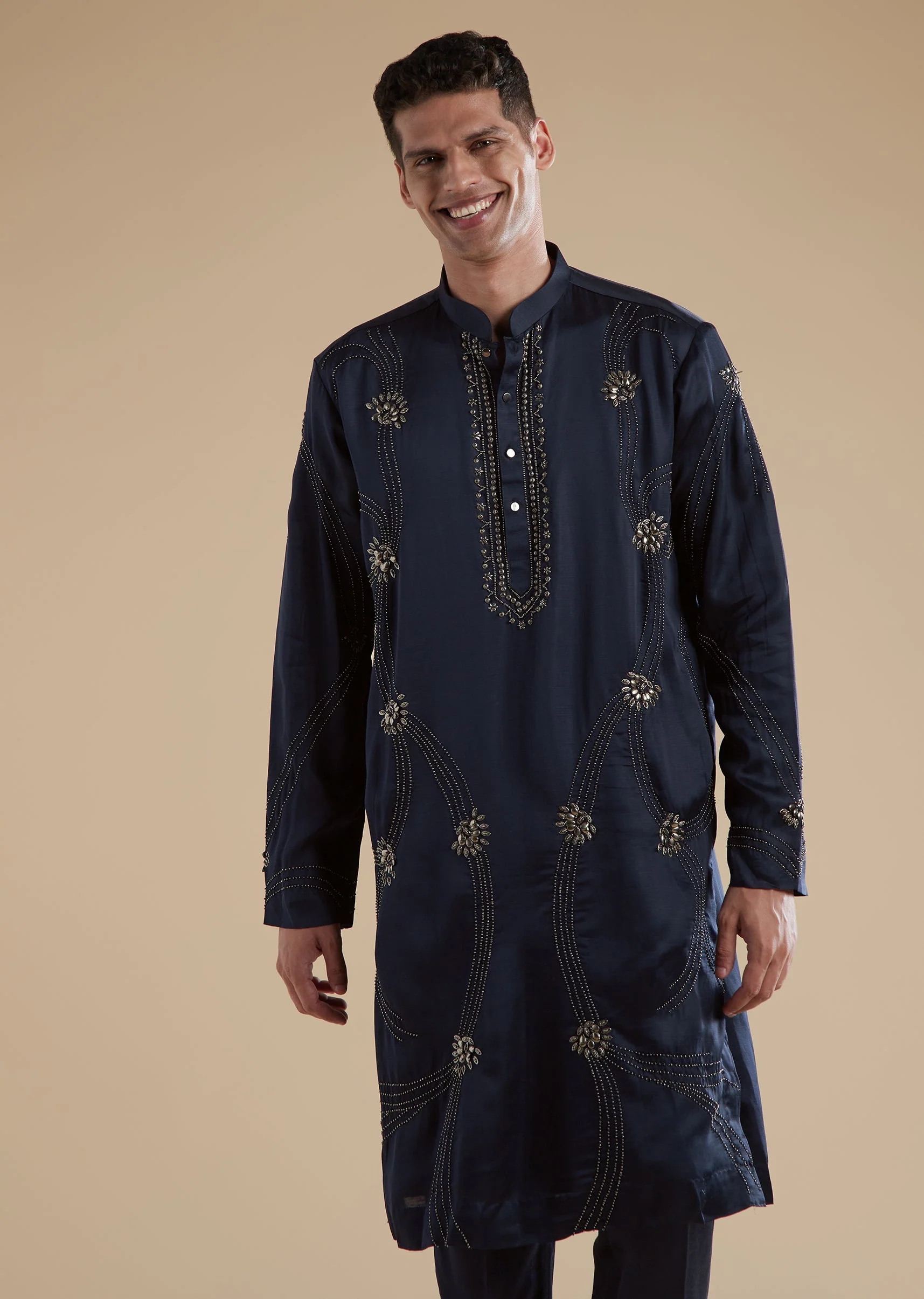 Navy Blue Linen Satin Mens Kurta Set with Metal Beads Detail Work - Image 5