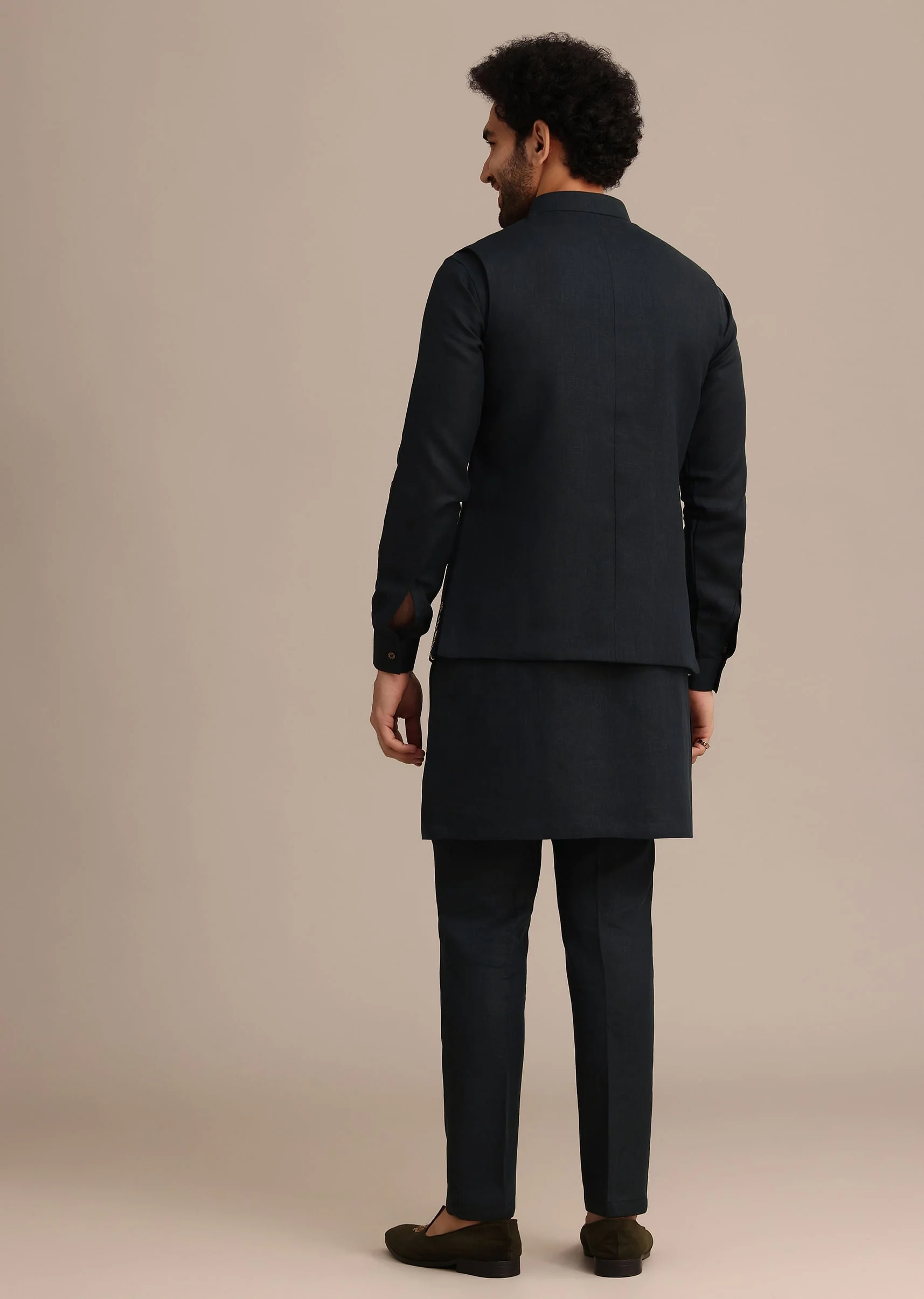 Navy Blue Linen Zardosi Embroidered Jacket Kurta Set - Image 5