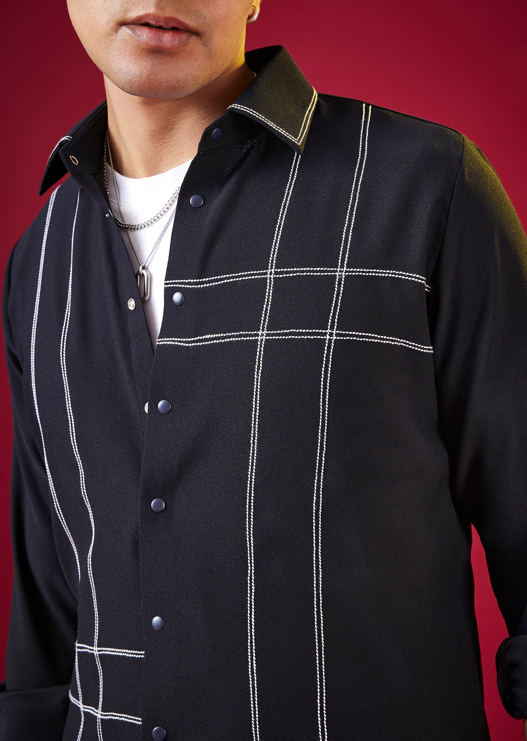 Navy Blue Mandarin Collar Striped Mens Shirt In Viscose - Image 2