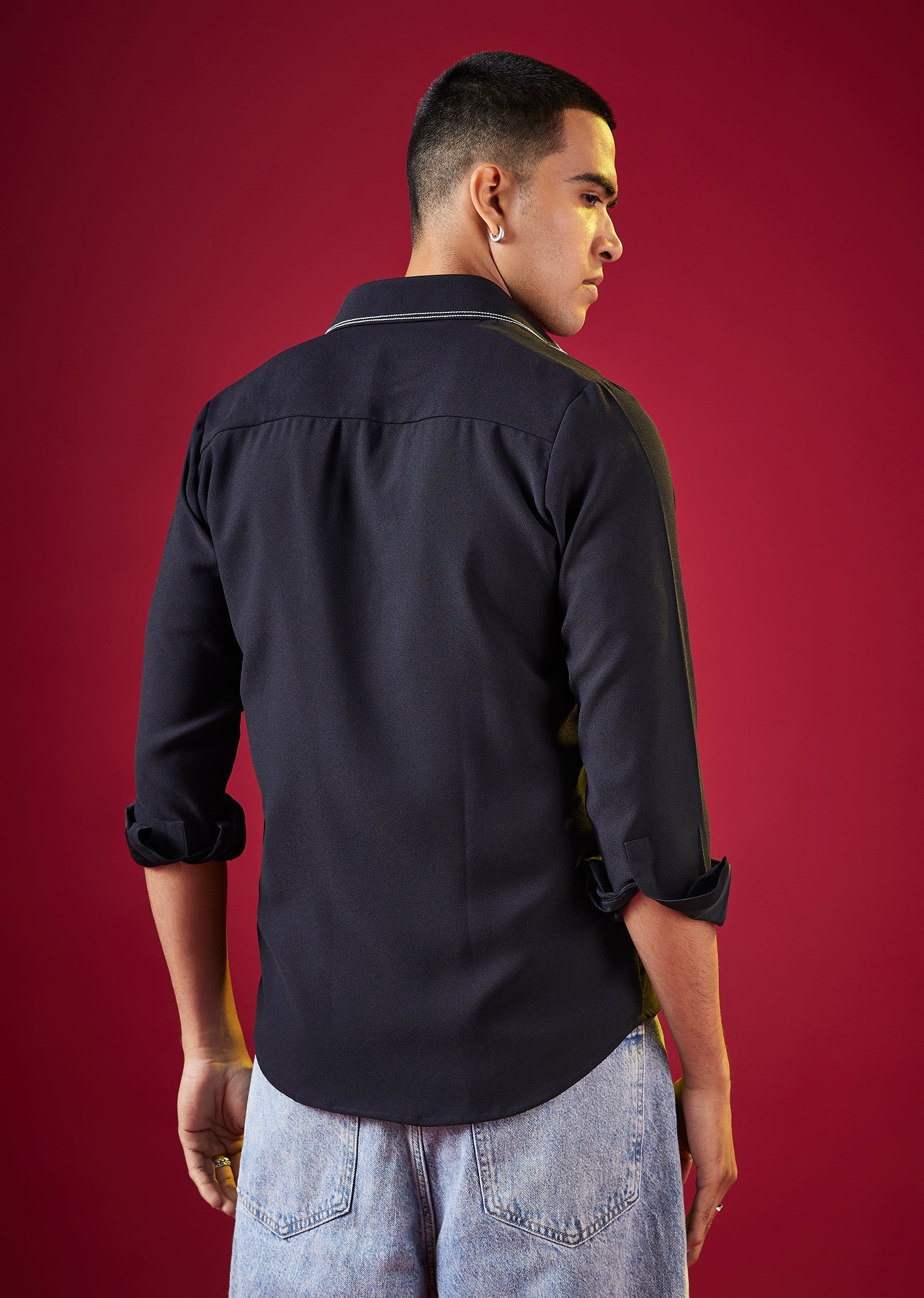 Navy Blue Mandarin Collar Striped Mens Shirt In Viscose - Image 4