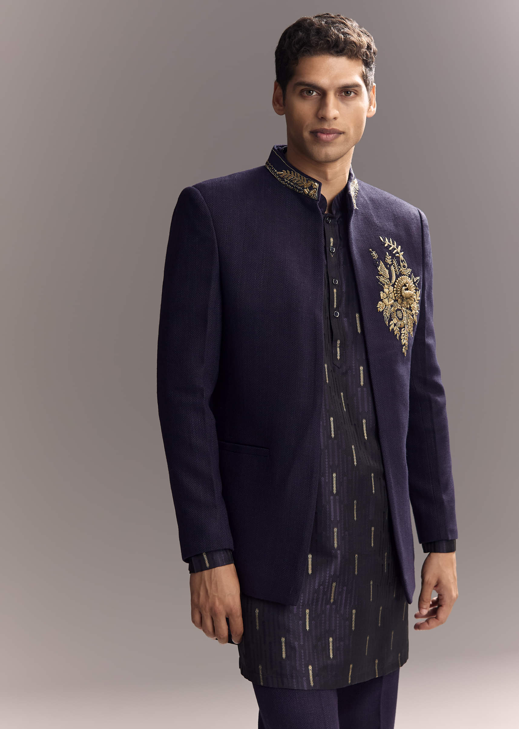 Navy Blue Matka Silk Jodhpuri Suit For Men With Hand Embroidery - Image 4