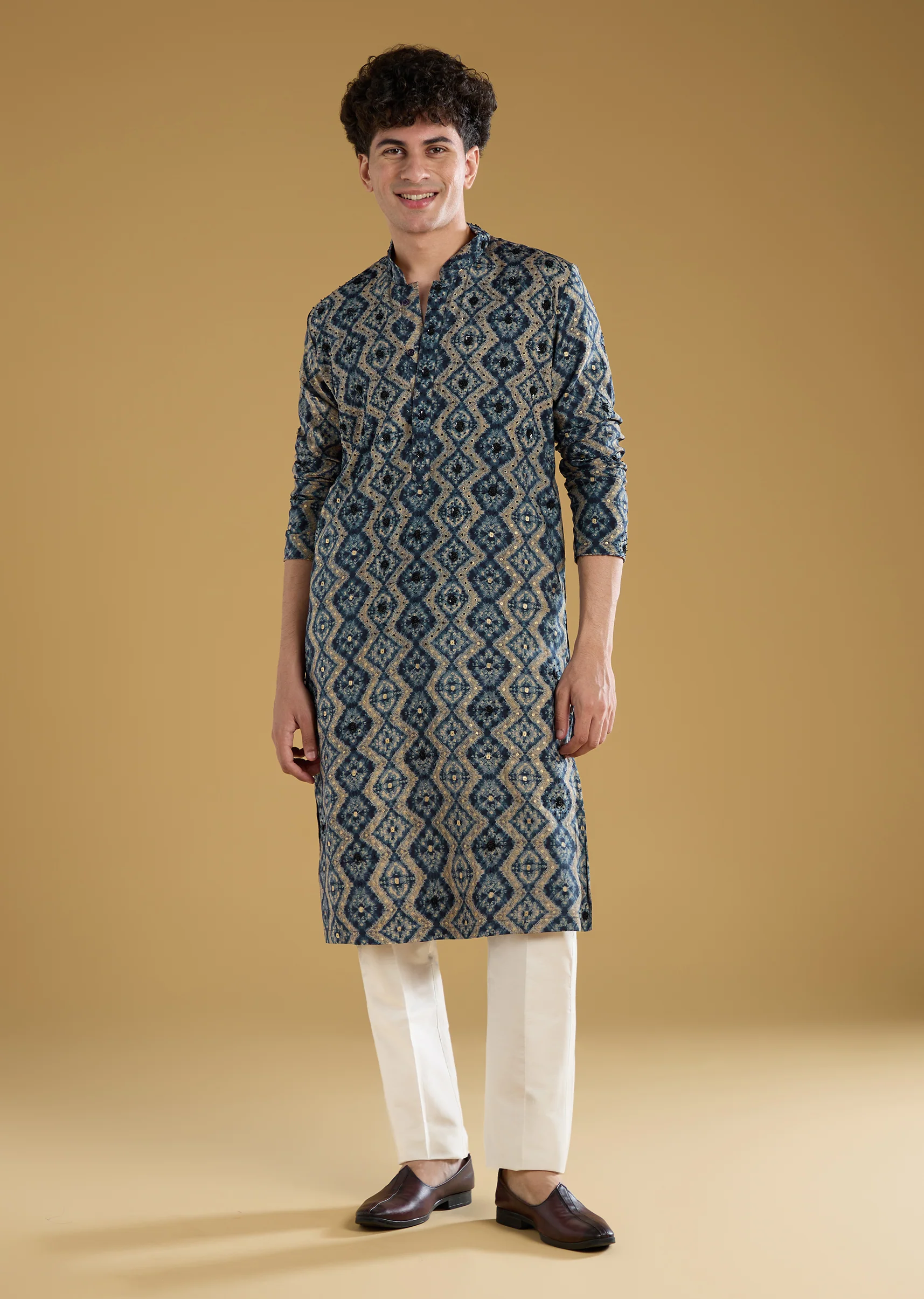 Navy Blue Modal Chanderi Sequin Embroidered  Kurta Set