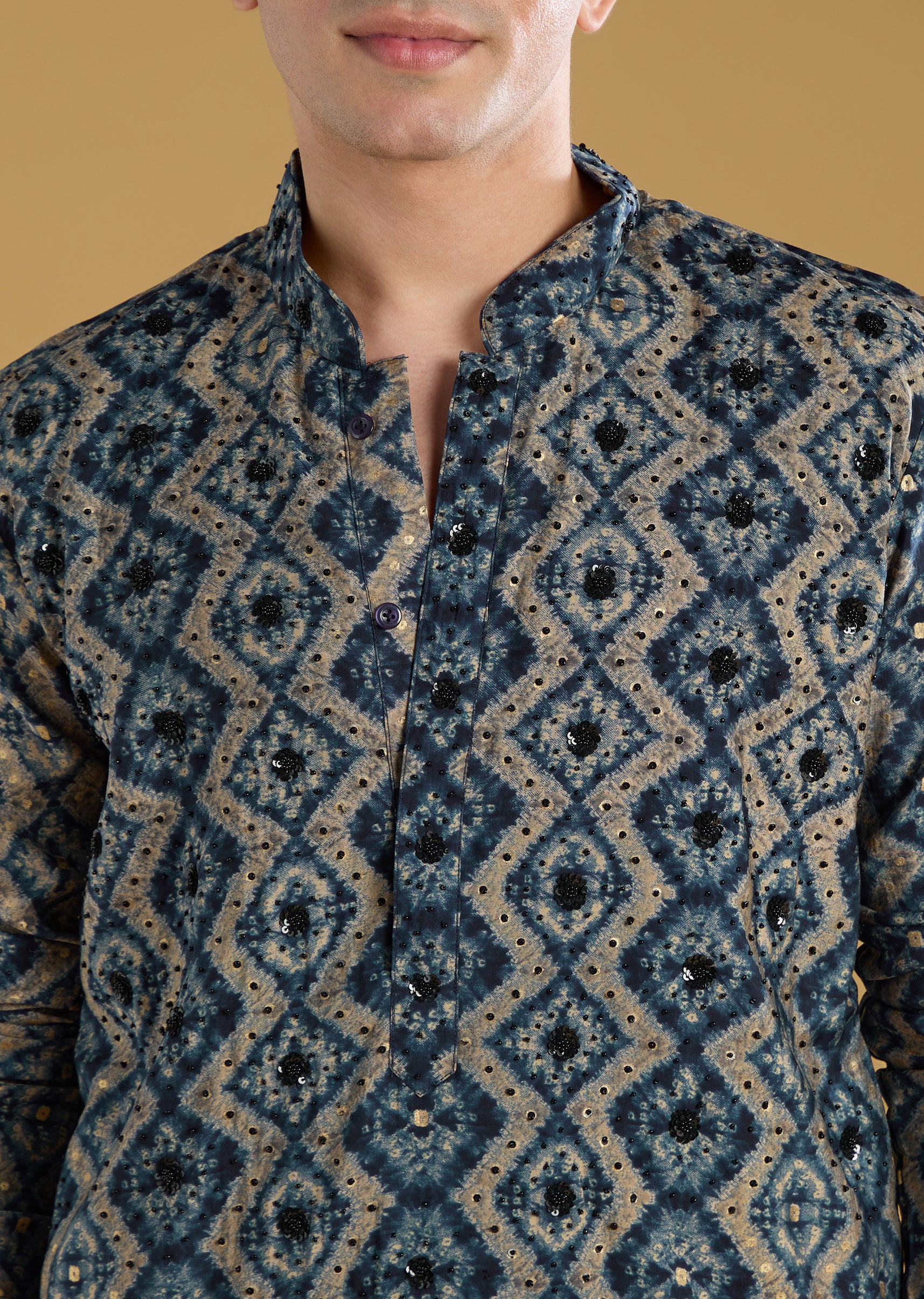 Navy Blue Modal Chanderi Sequin Embroidered  Kurta Set - Image 2
