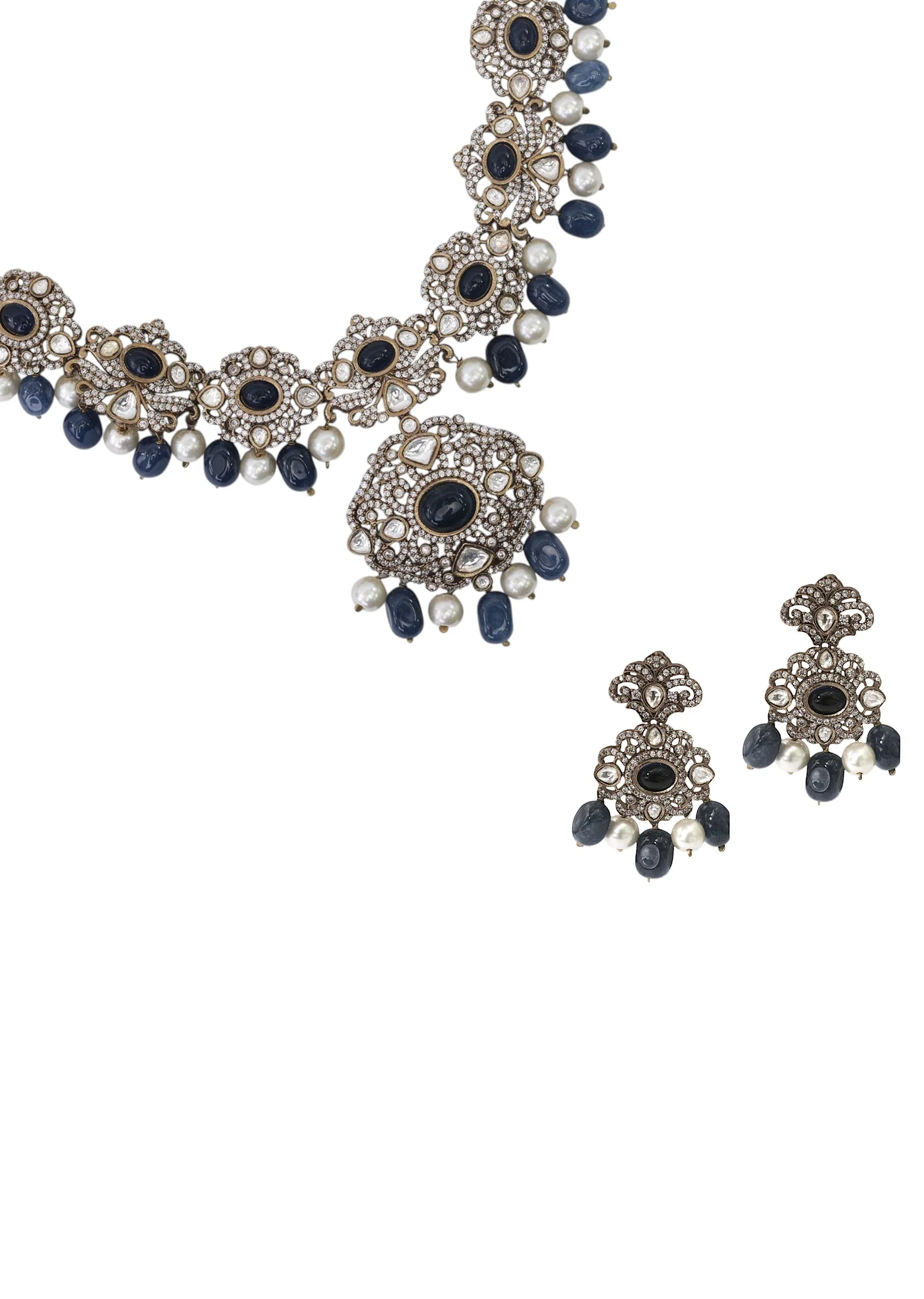 Navy Blue Modern Polki Pendant Necklace Set - Image 3