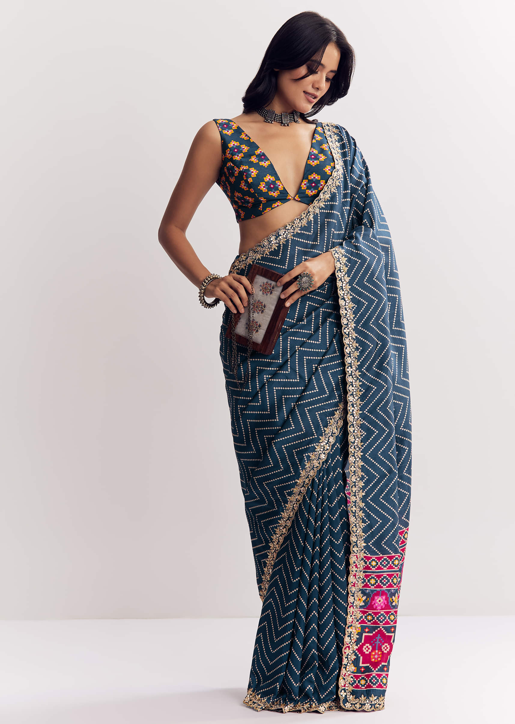 Navy Blue Muslin Ajrakh Printed Saree With Gota And Mirror Work - Image 3